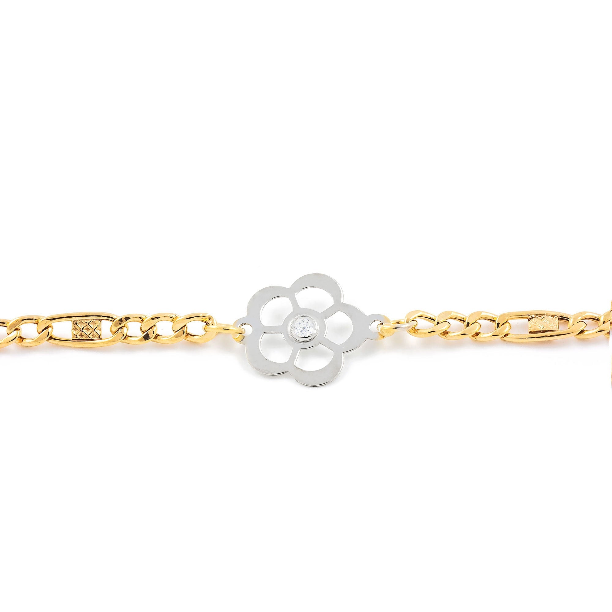 Pulsera oro Bicolor con margaritas caladas y circon (9kt)