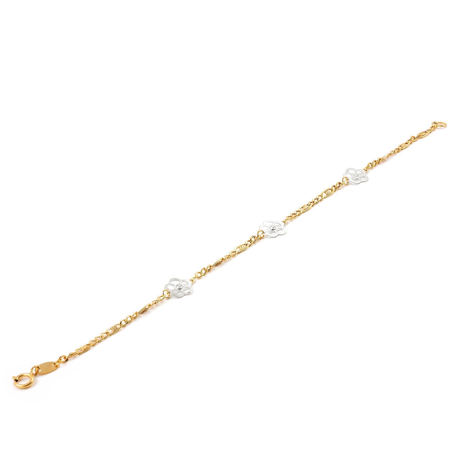 Pulsera oro Bicolor con margaritas caladas y circon (9kt)