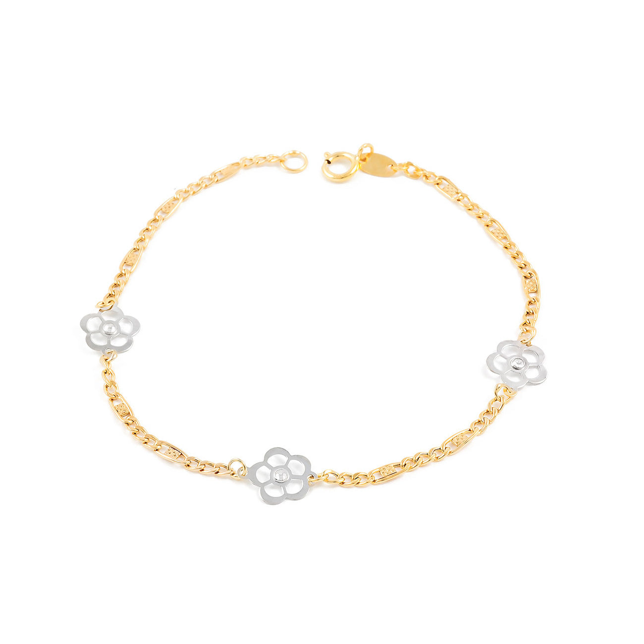 Girl's Bracelet 9K Bicolor Gold Shiny Zirconia Flowers 17 cm