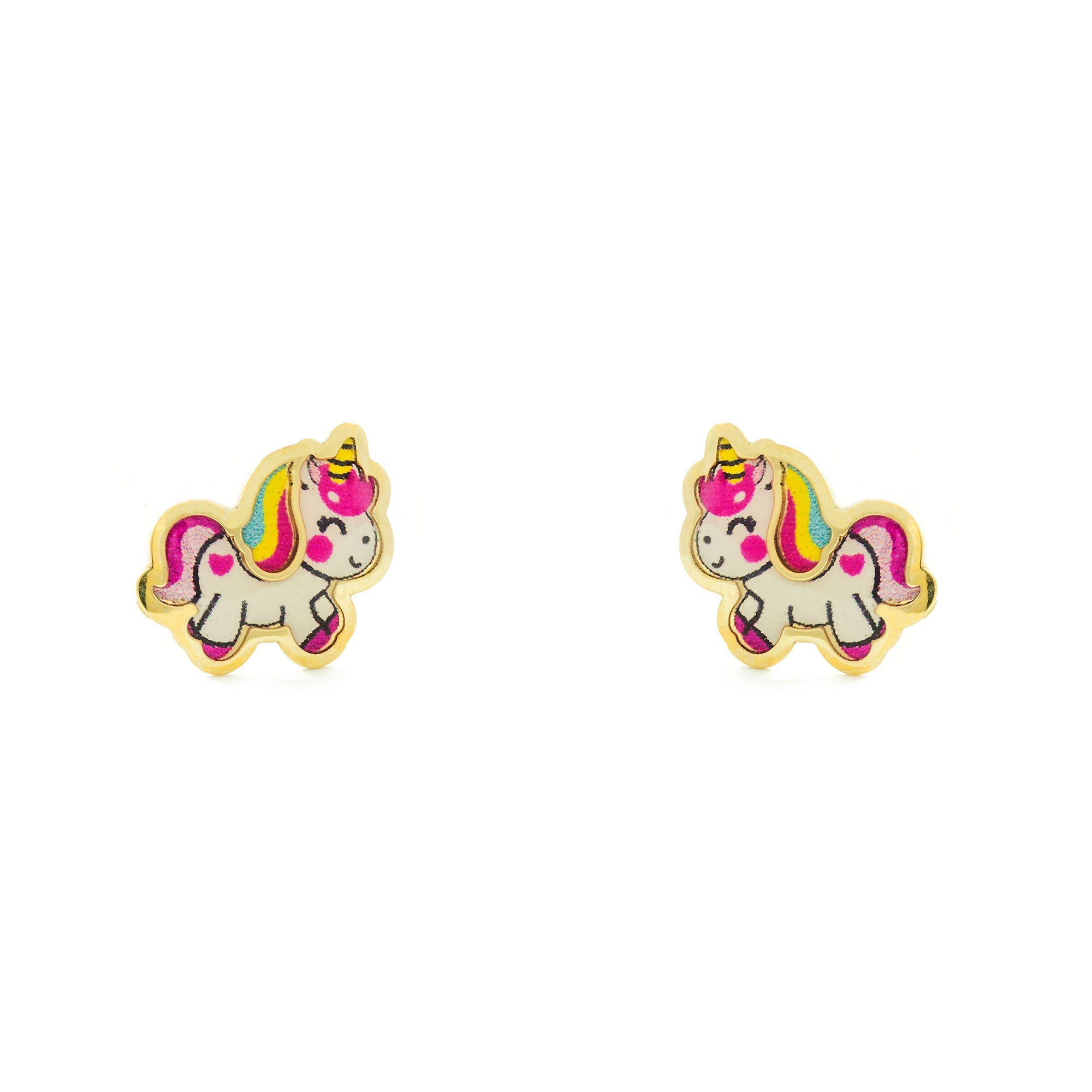 Pendientes Niña Oro Amarillo 9K Unicornio Esmalte Multicolor Brillo