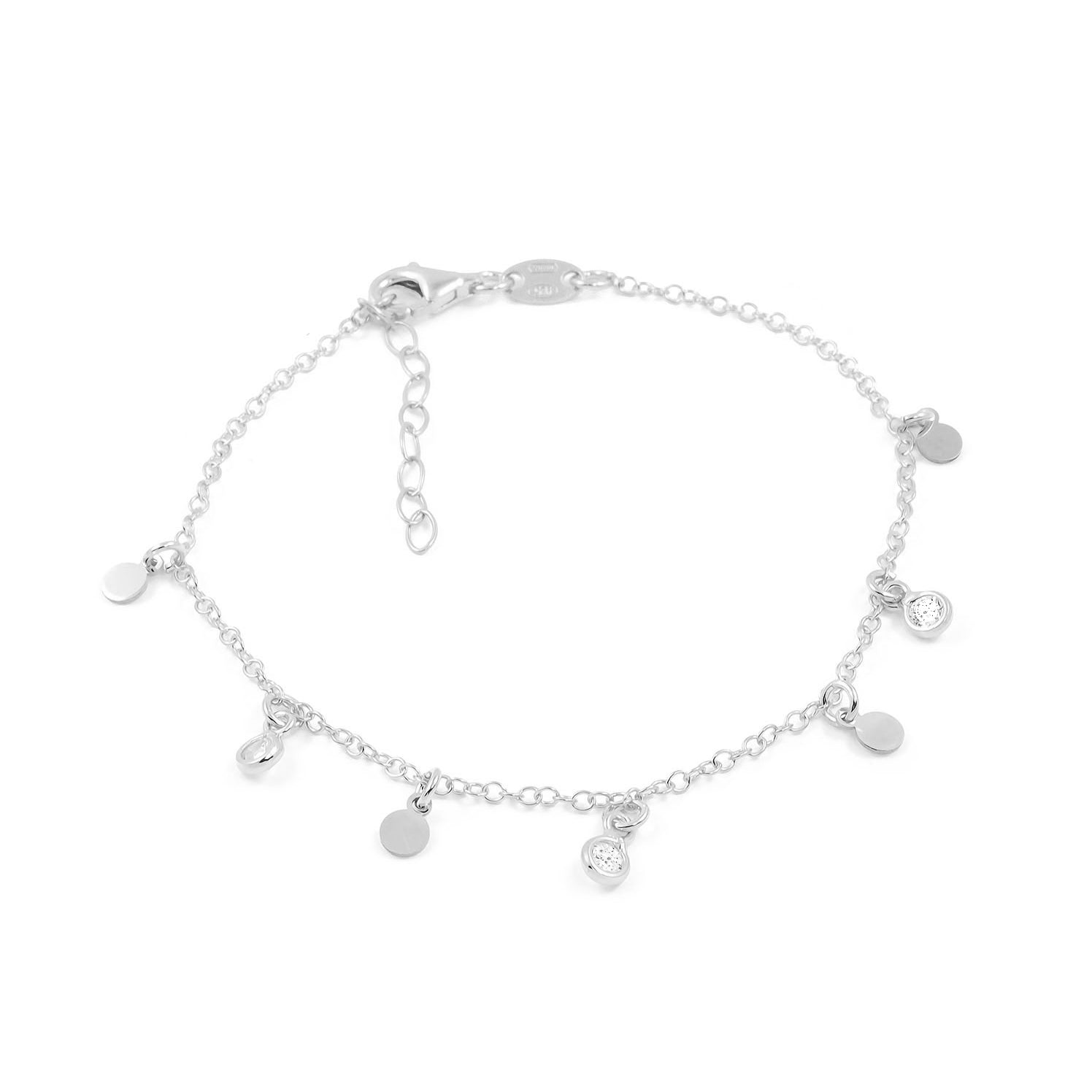 Women's Bracelet Sterling Silver Round Charms Shiny Zirconia