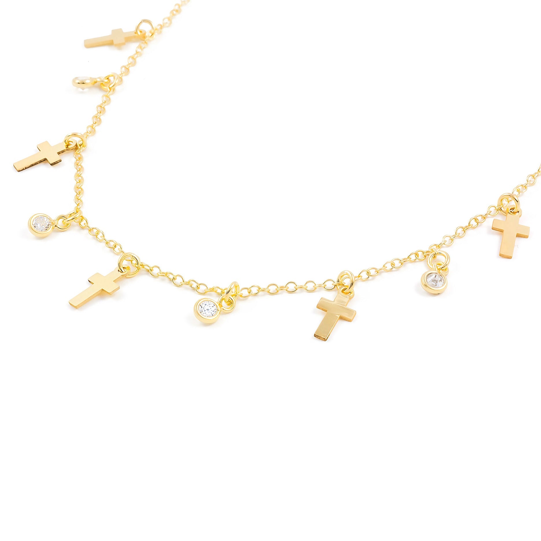 Golden Sterling Silver Crosses Shiny Zirconia Necklace
