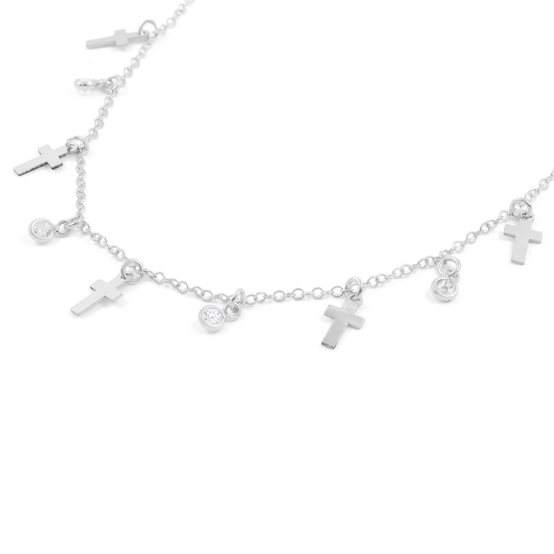 Sterling Silver Shiny Zirconia Crosses Necklace