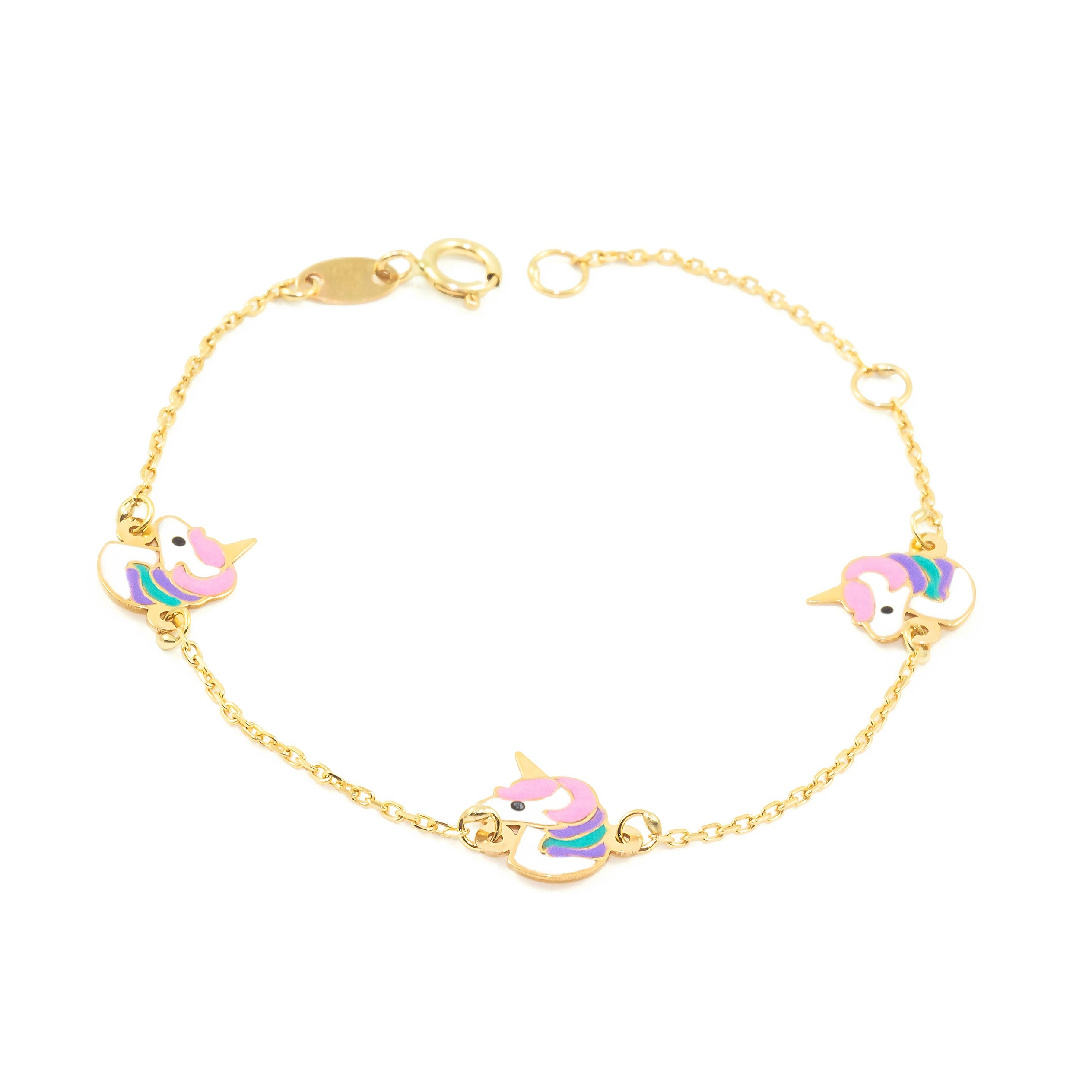 Girl's Bracelet 9K Yellow Gold Enamel Multicolor Shiny Unicorns 14 cm