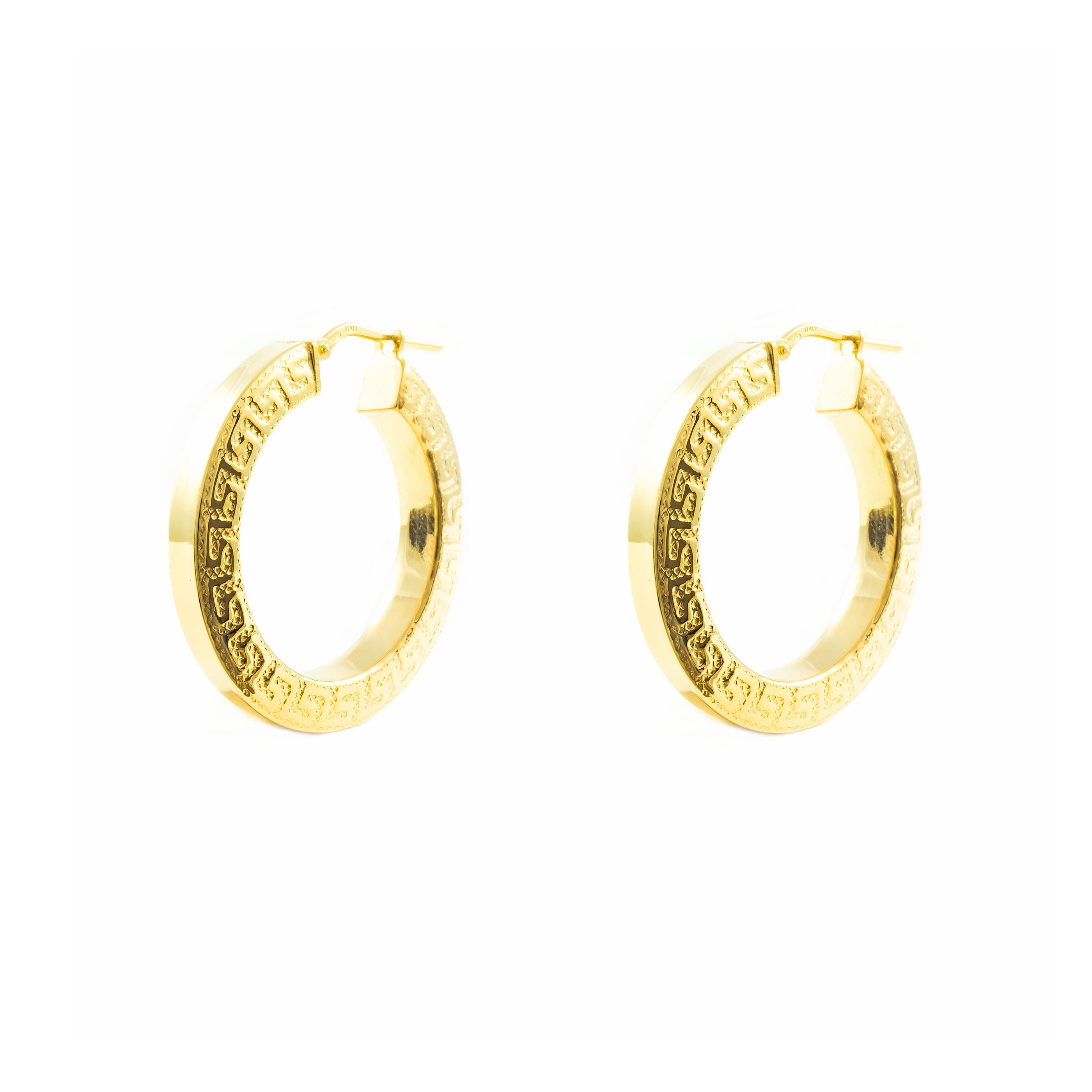 Golden Sterling Silver Earrings Shiny Greca Square Hoops 29 x 4 mm