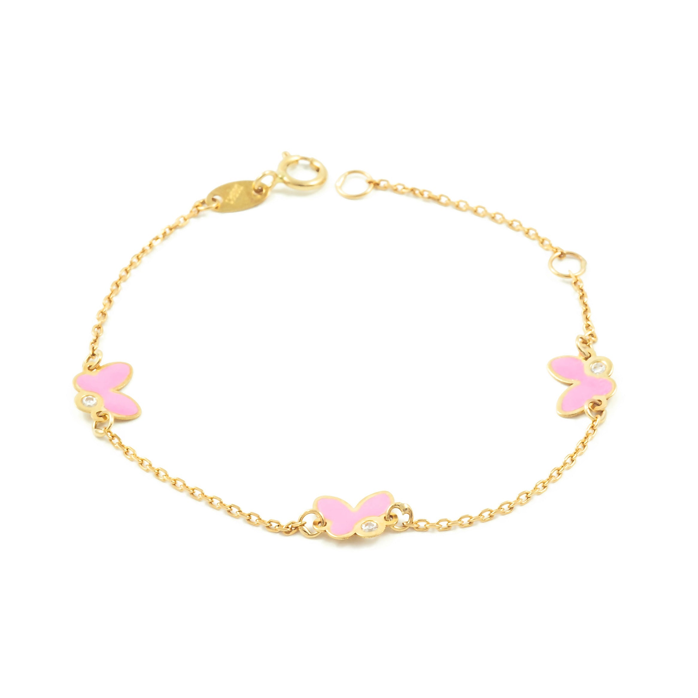 Girl's Bracelet 9K Yellow Gold Enamel Butterflies Shiny Pink Zircons 14 cm