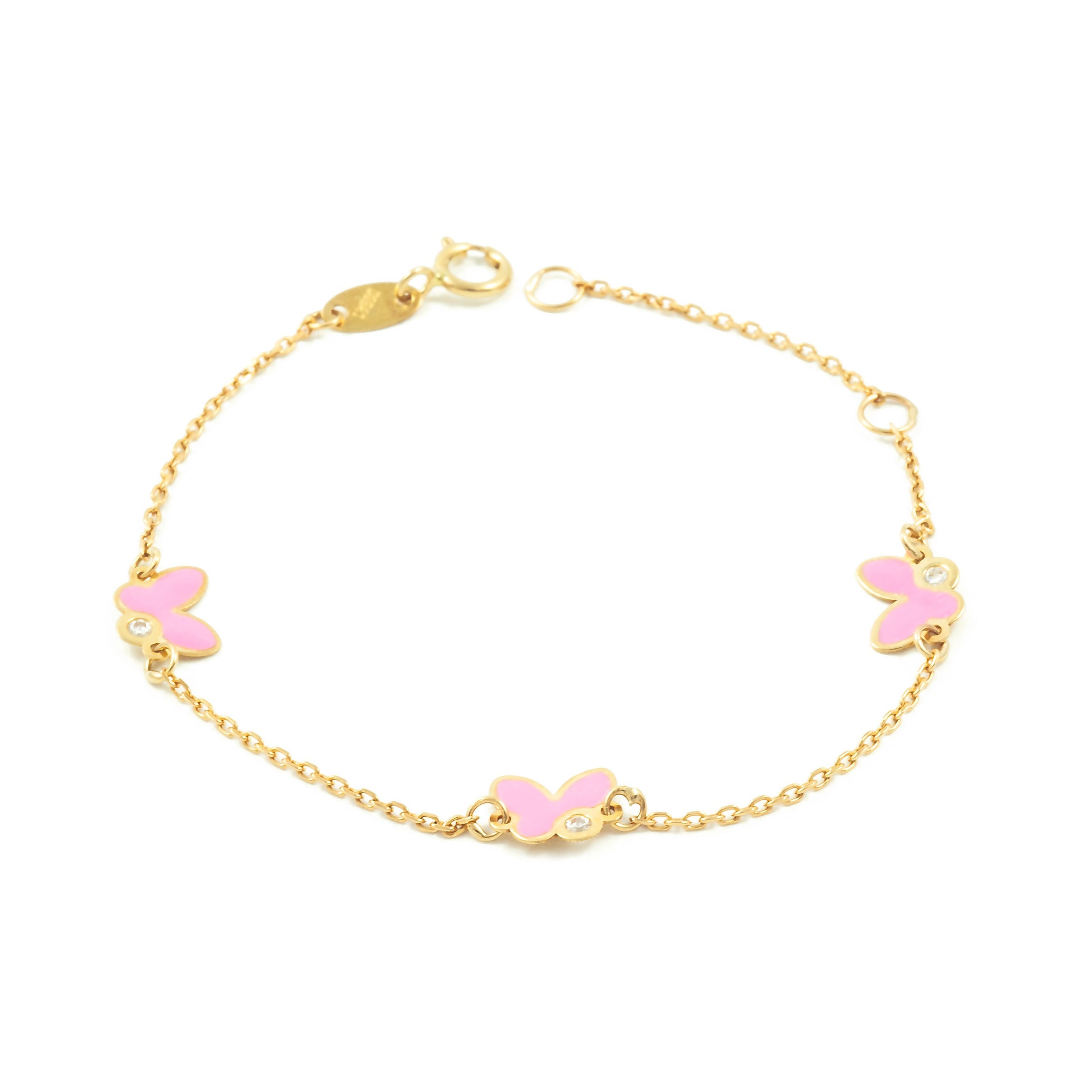 Pulsera Niña Oro Amarillo 9K Esmalte Mariposas Circonitas Rosa Brillo 14 cm