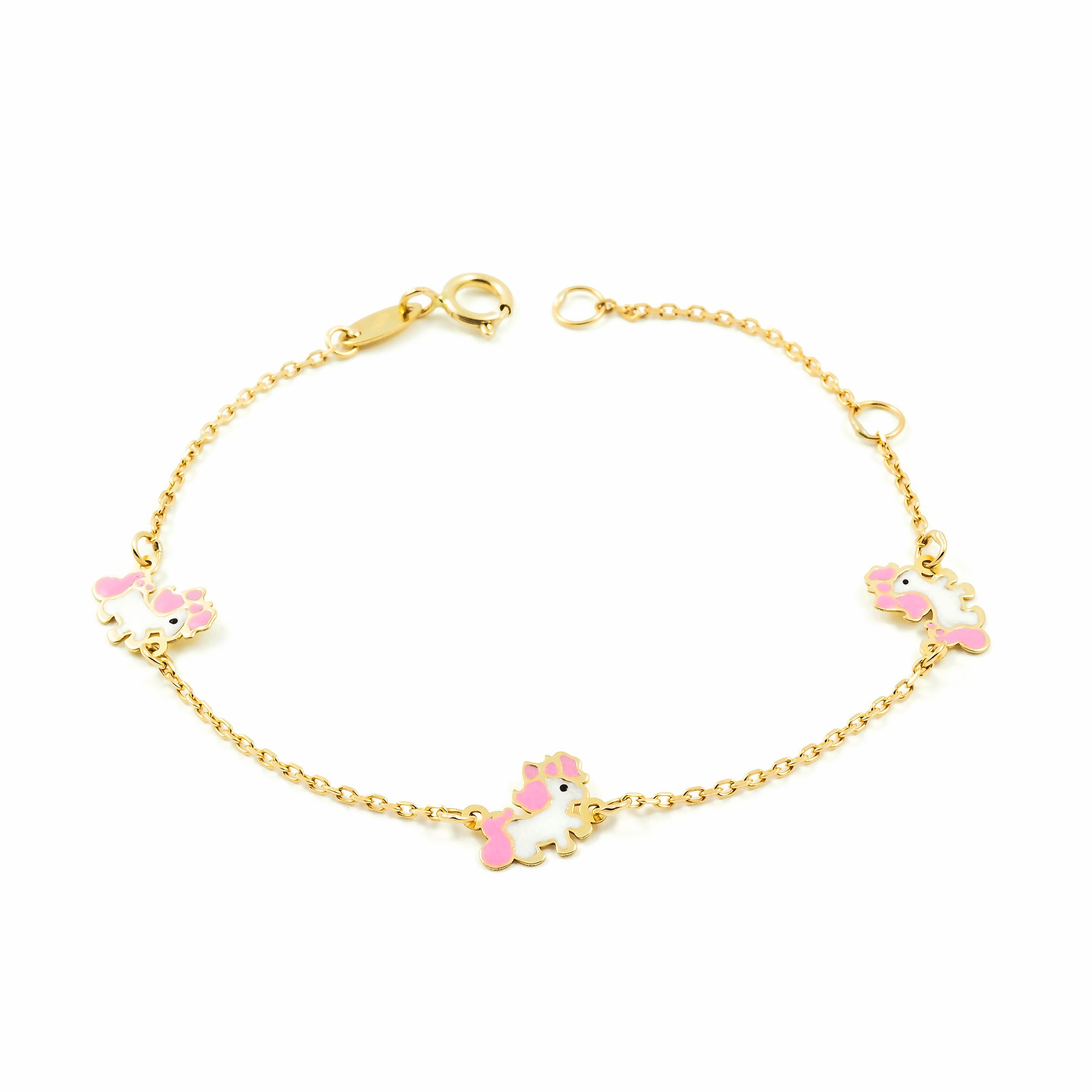 Pulsera Niña Oro Amarillo 9K Esmalte Unicornios Rosa-Blanco Brillo 14 cm