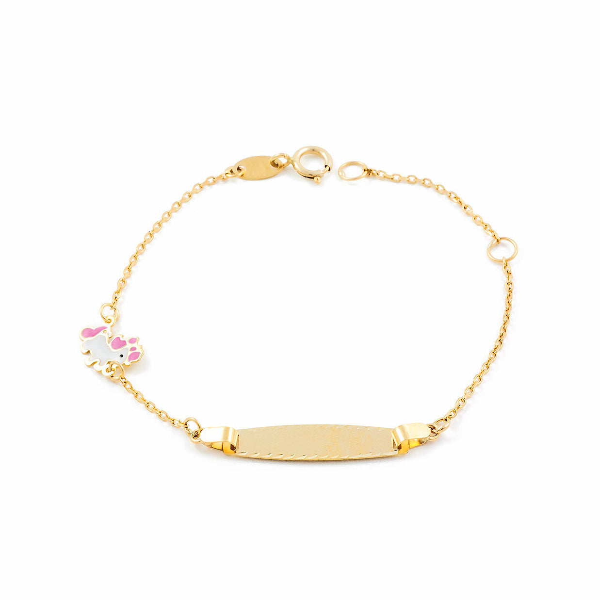 Girl's Bracelet 9K Yellow Gold Personalized Matte and Shiny Pink Unicorn Slave Bracelet 14 cm