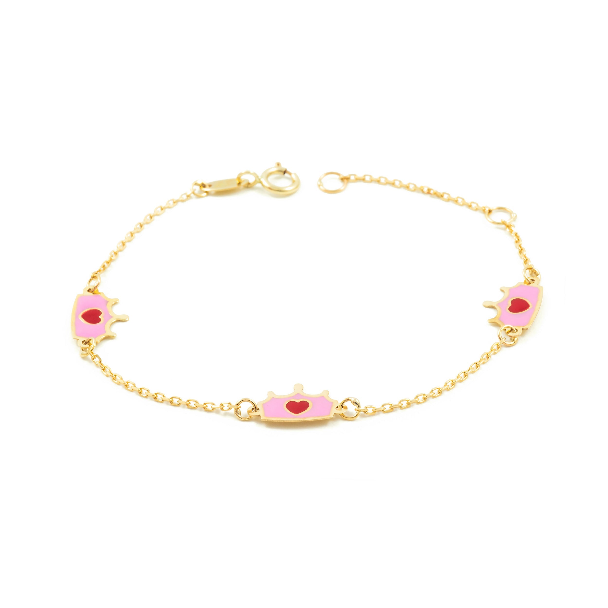 Girl's Bracelet 9K Yellow Gold Pink-Red Shiny Crown Enamel 14 cm