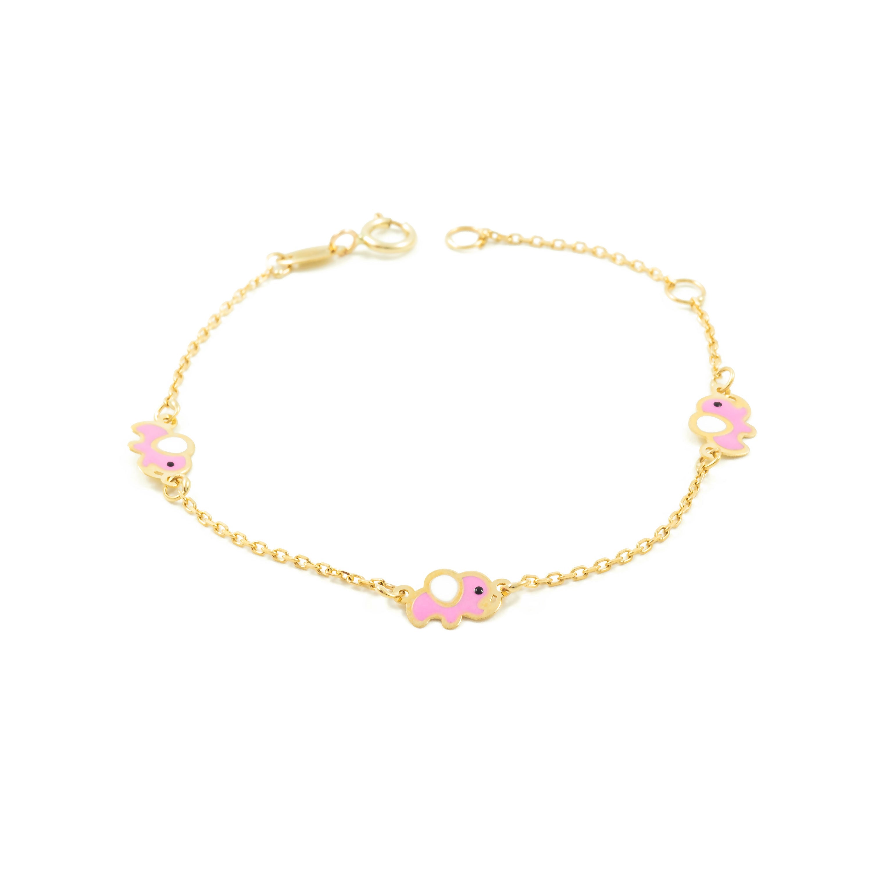 Girl's Bracelet 9K Yellow Gold Shiny Pink-White Elephant Enamel 14 cm