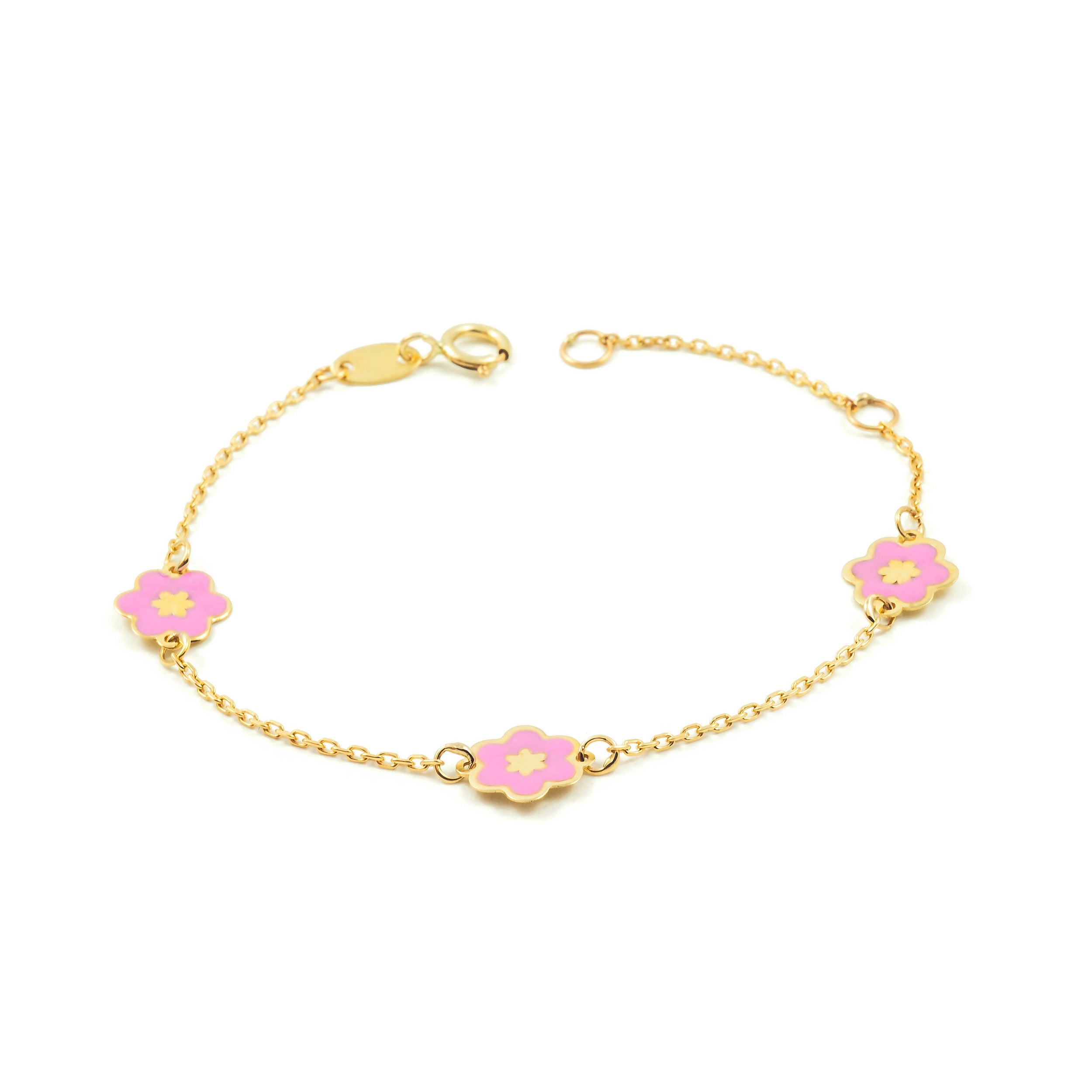 Pulsera Niña Oro Amarillo 9K Esmalte Flor Rosa Brillo 14 cm