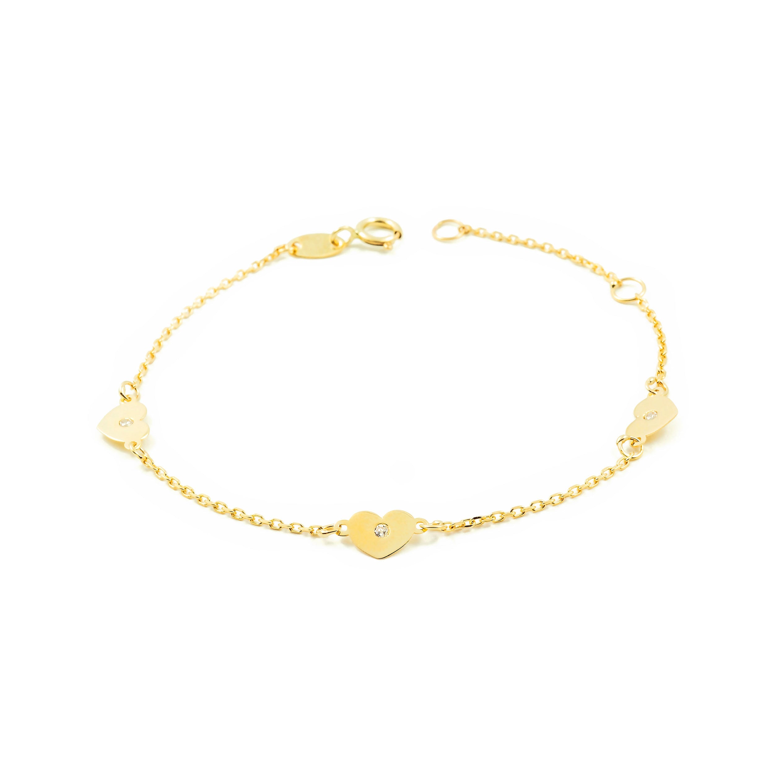 9K Yellow Gold Girl's Bracelet Shiny Zirconia Heart 14 cm