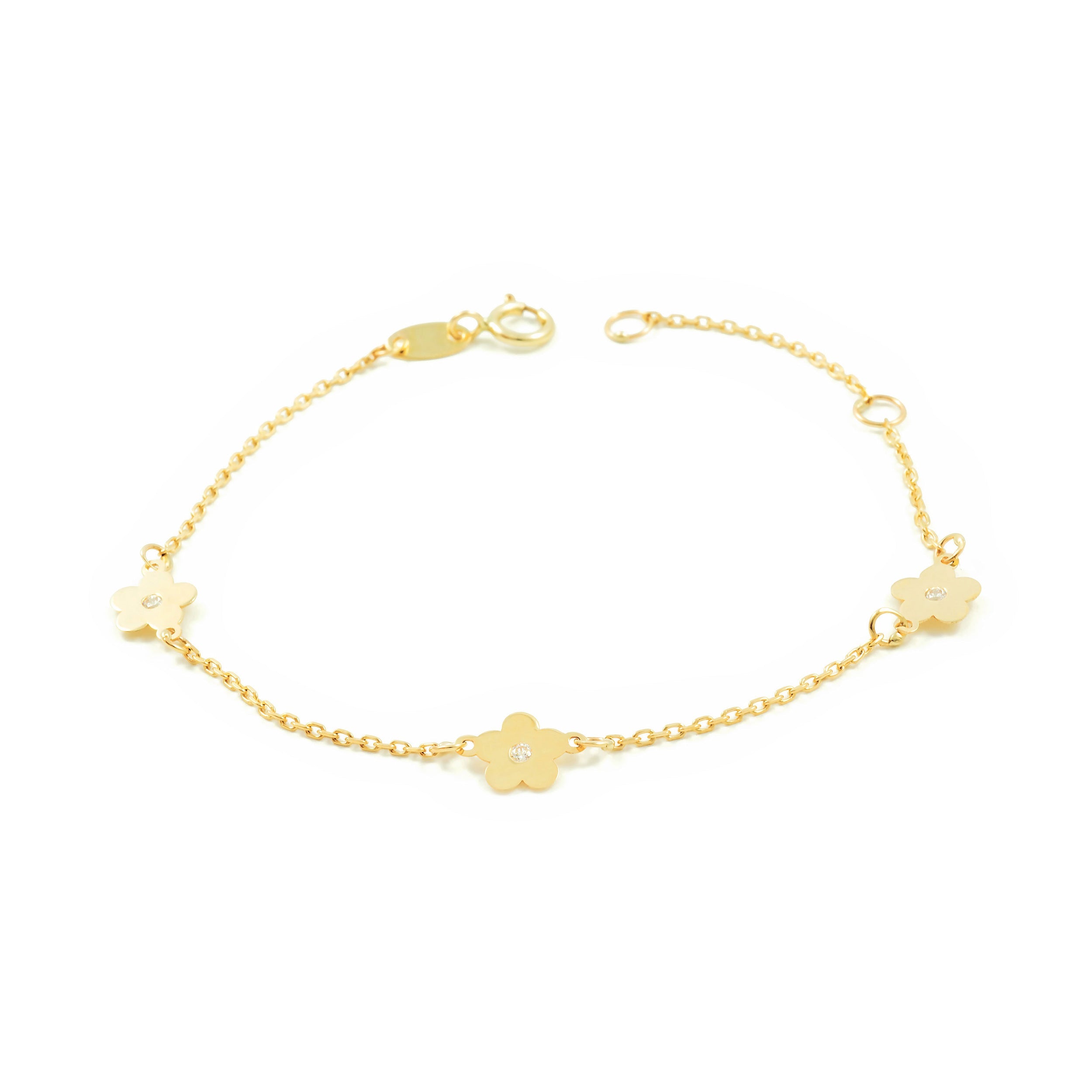 9K Yellow Gold Girl's Bracelet Shiny Zirconia Flower 14 cm