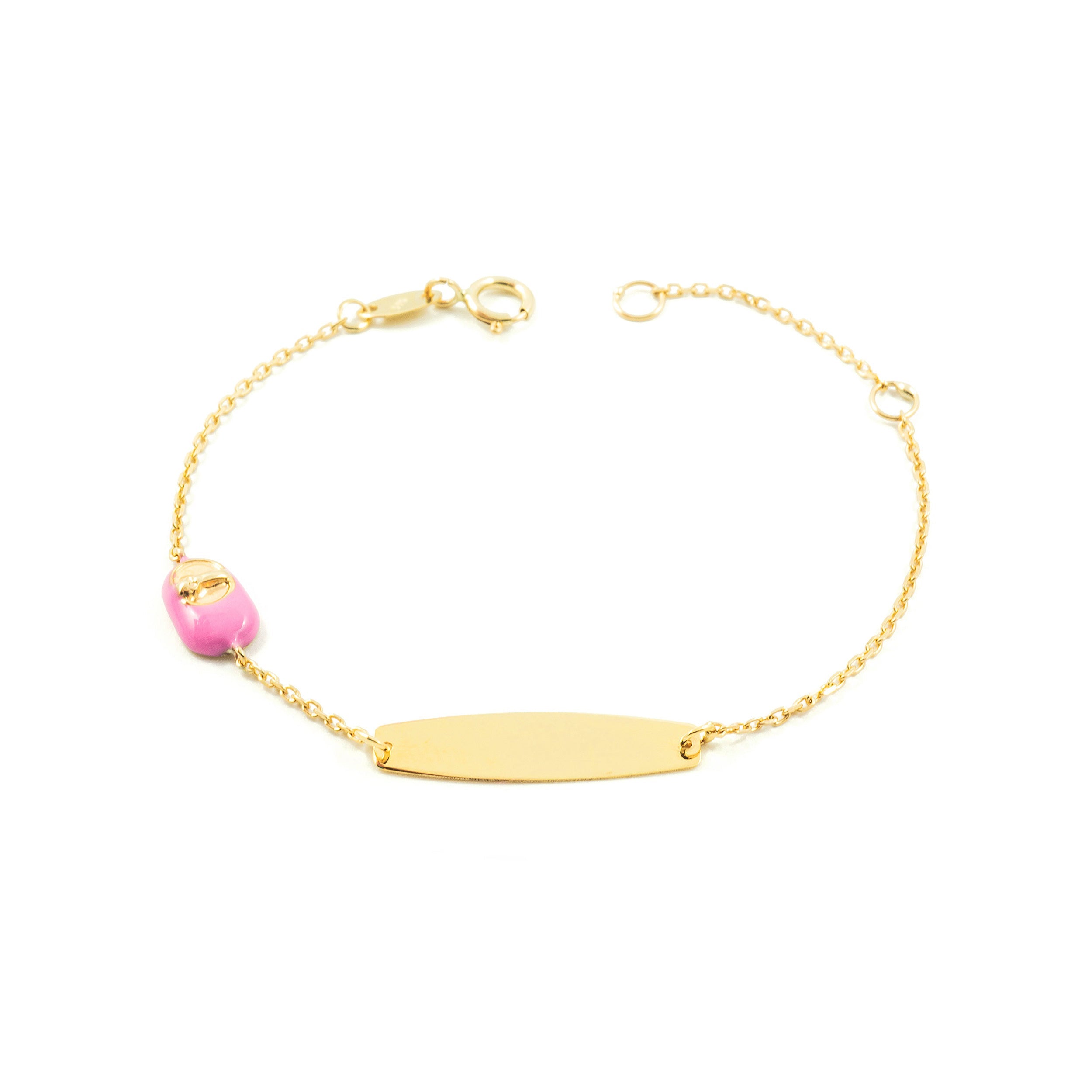 Girl's Bracelet 9K Yellow Gold Personalized Shiny Pink Shoe Slave 14 cm