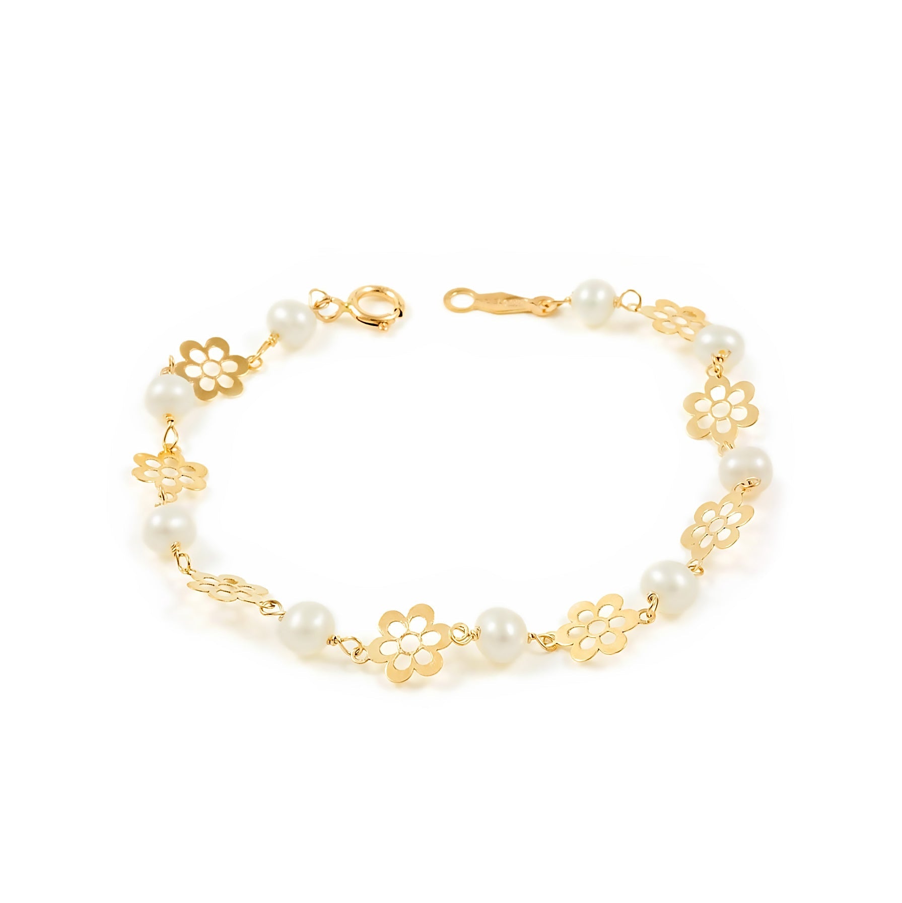 Girl's Bracelet 9K Yellow Gold Round Pearl 3.5 mm Shiny Daisy Flower 13 cm