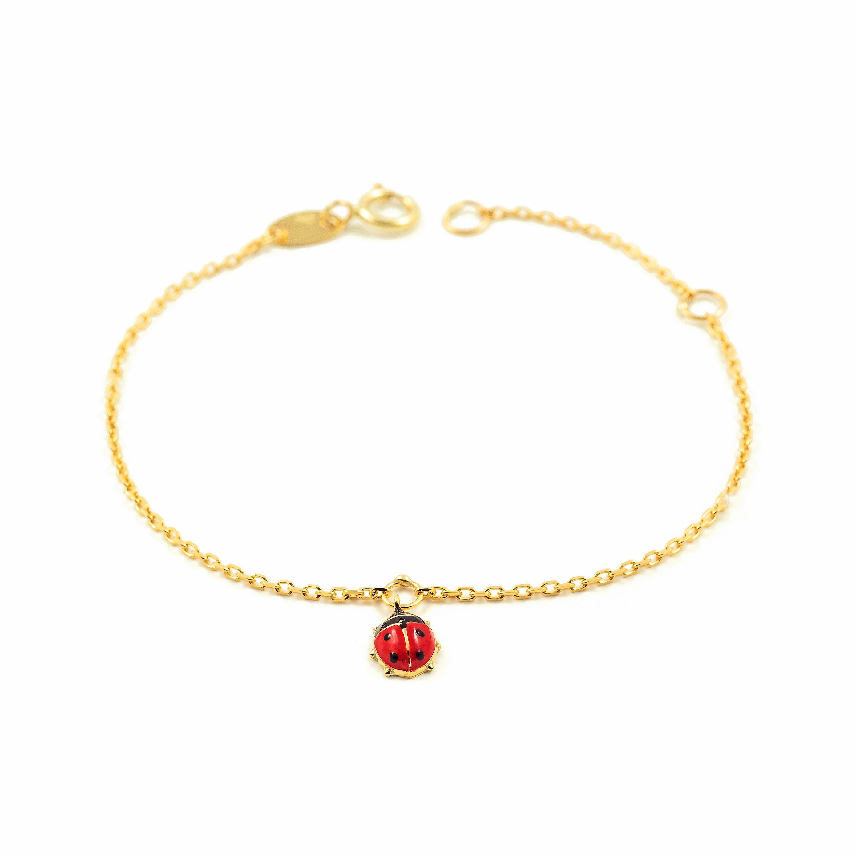 Girl's Bracelet 9K Yellow Gold Shiny Red-Black Ladybug Enamel 14 cm