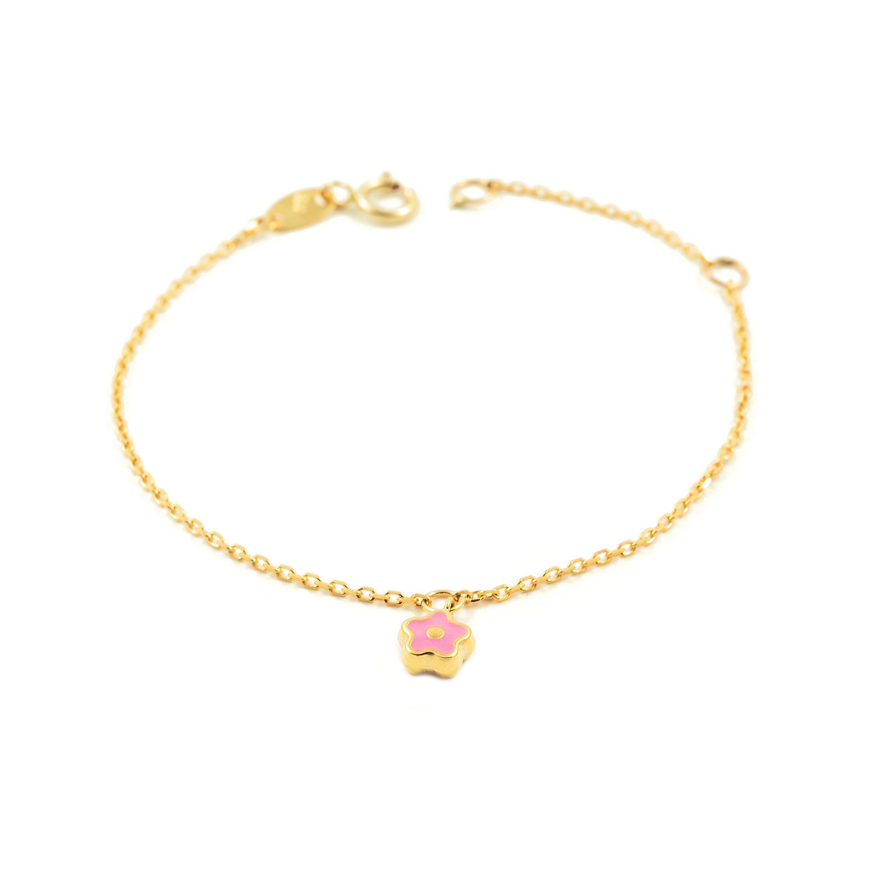 Girl's Bracelet 9K Yellow Gold Shiny Pink Flower Enamel 14 cm