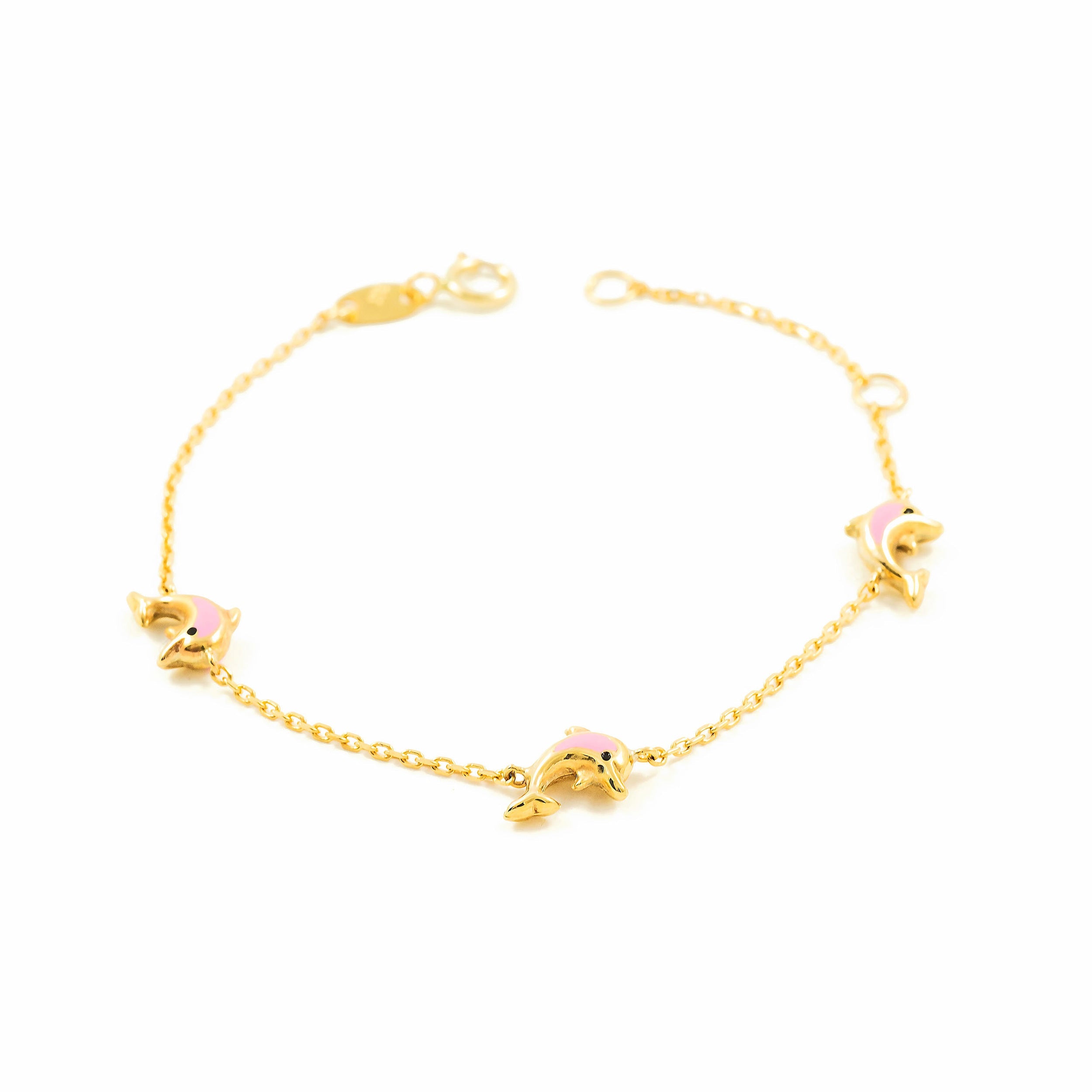 Pulsera Niña Oro Amarillo 9K Esmalte Delfín Rosa Brillo 14 cm