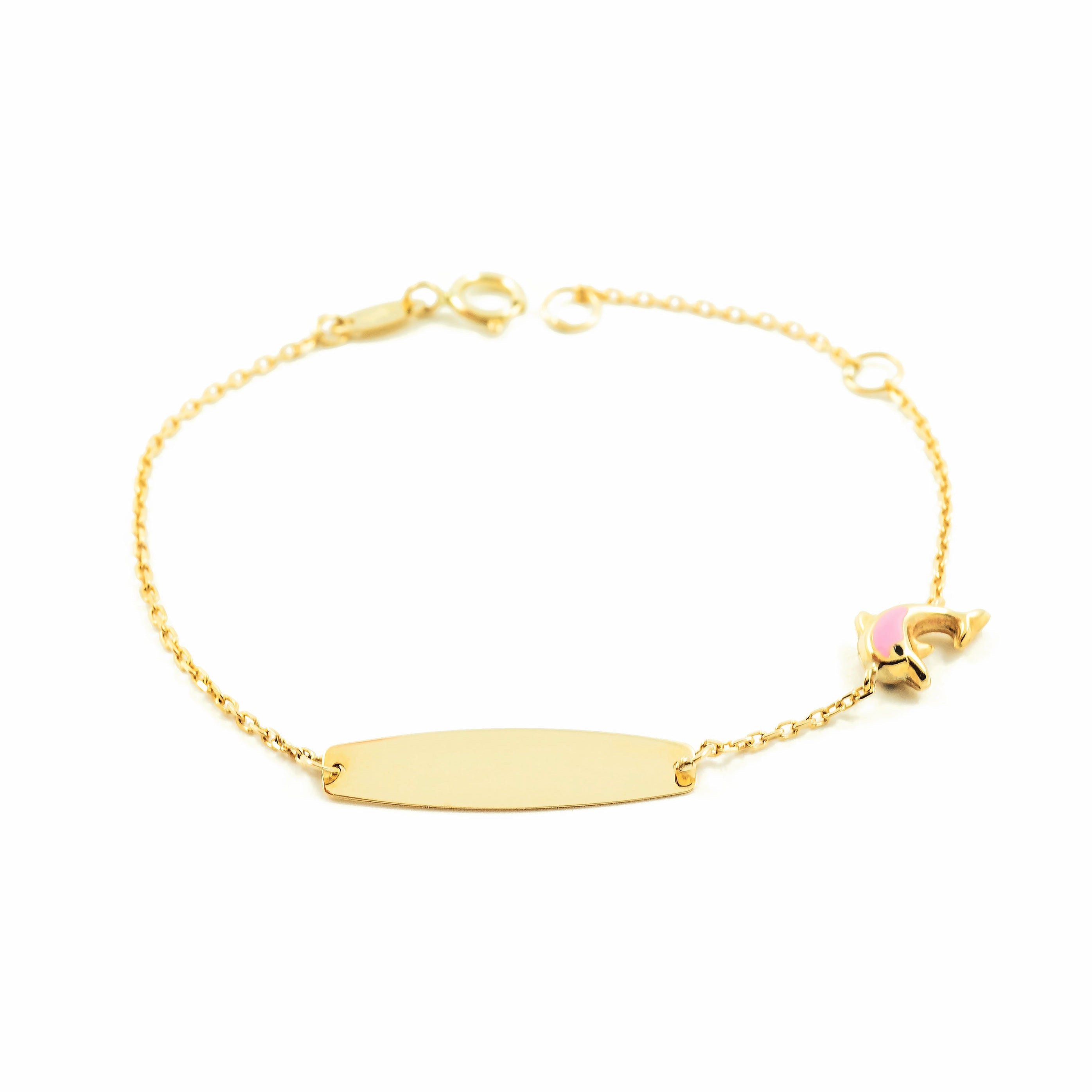 Personalized 9K Yellow Gold Girl's Bracelet Shiny Pink Dolphin Slave 14 cm