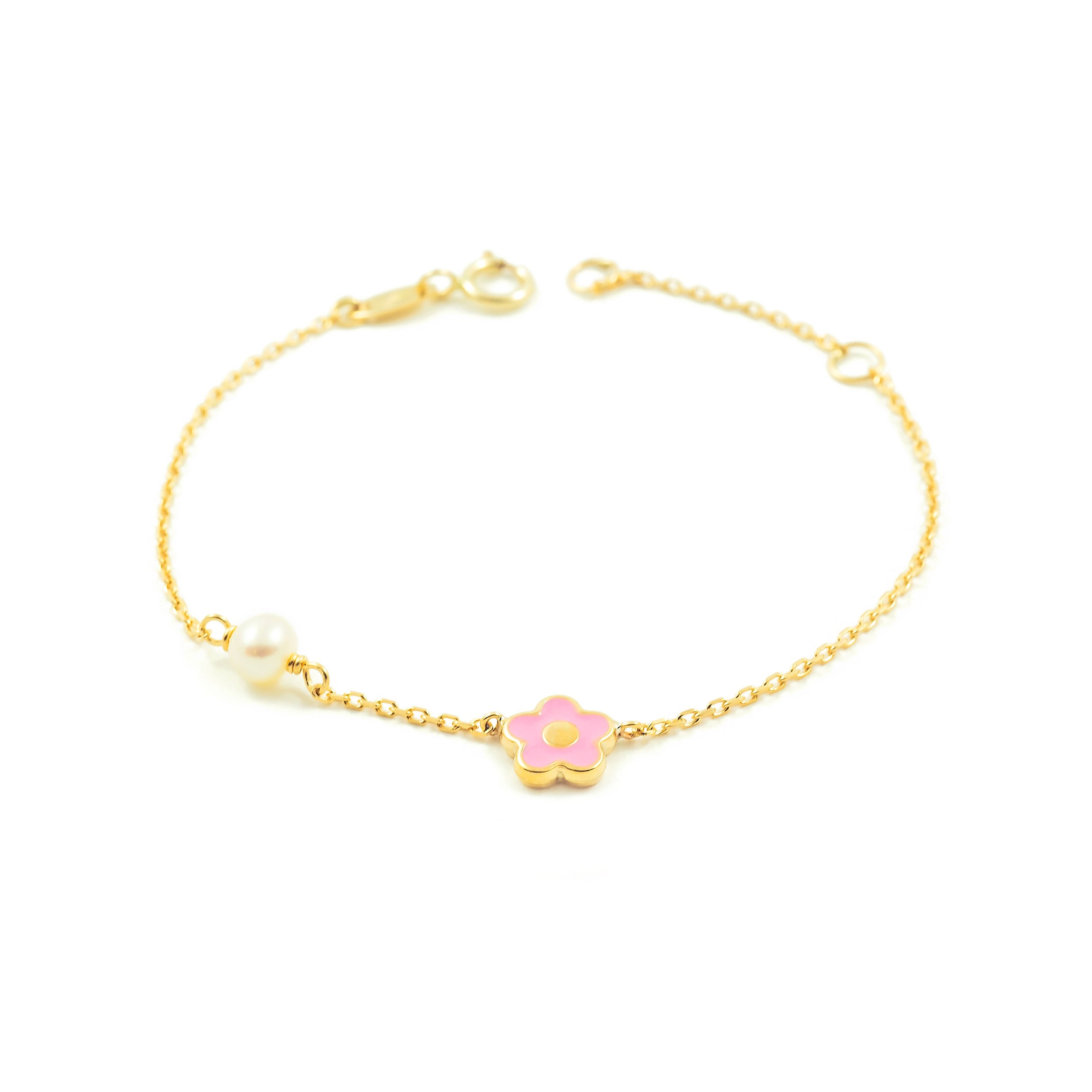 Girl's Bracelet 9K Yellow Gold Enamel Round Pink Flower 4 mm Shine 14 cm