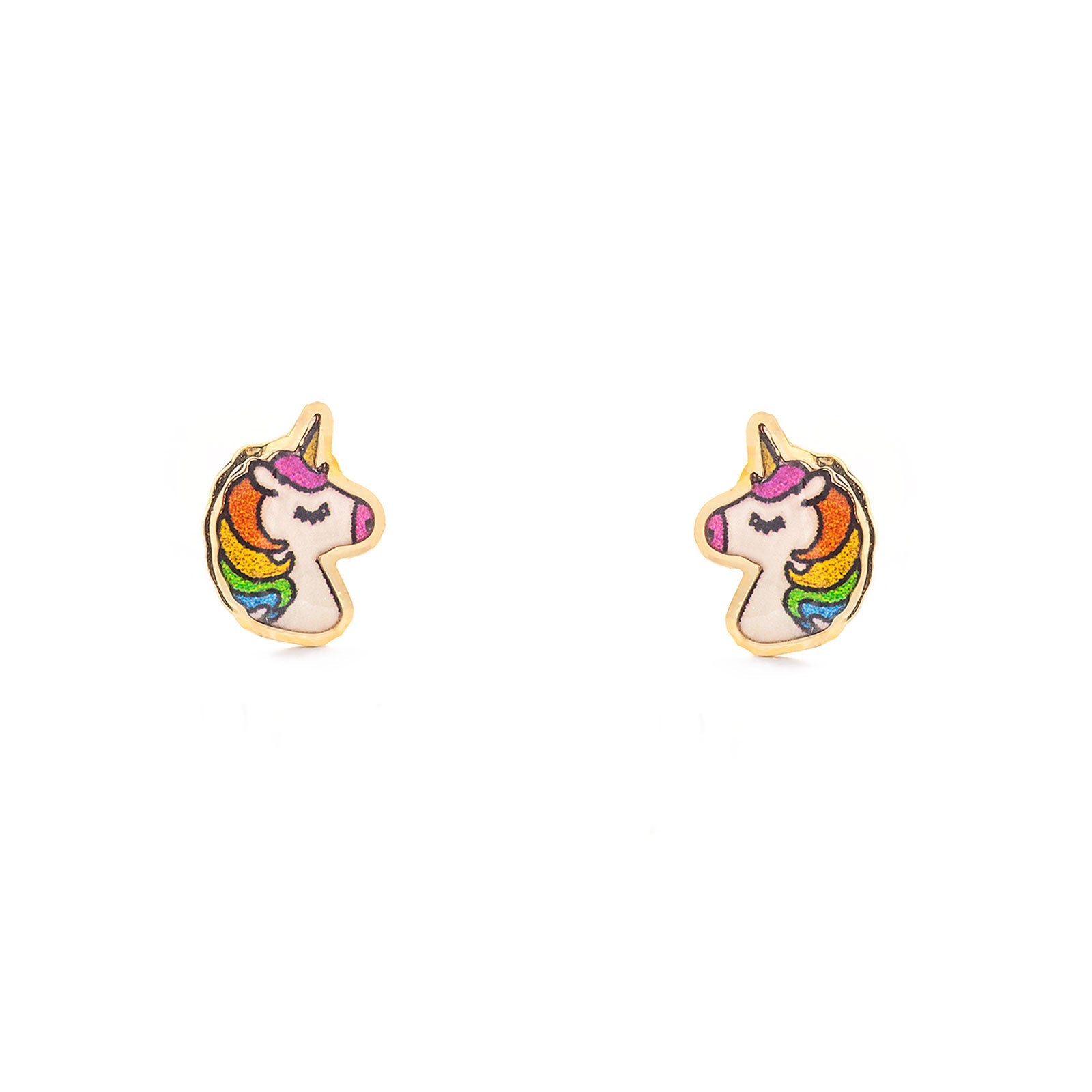 Pendientes Niña Oro Amarillo 18K Unicornio Esmalte Multicolor Brillo