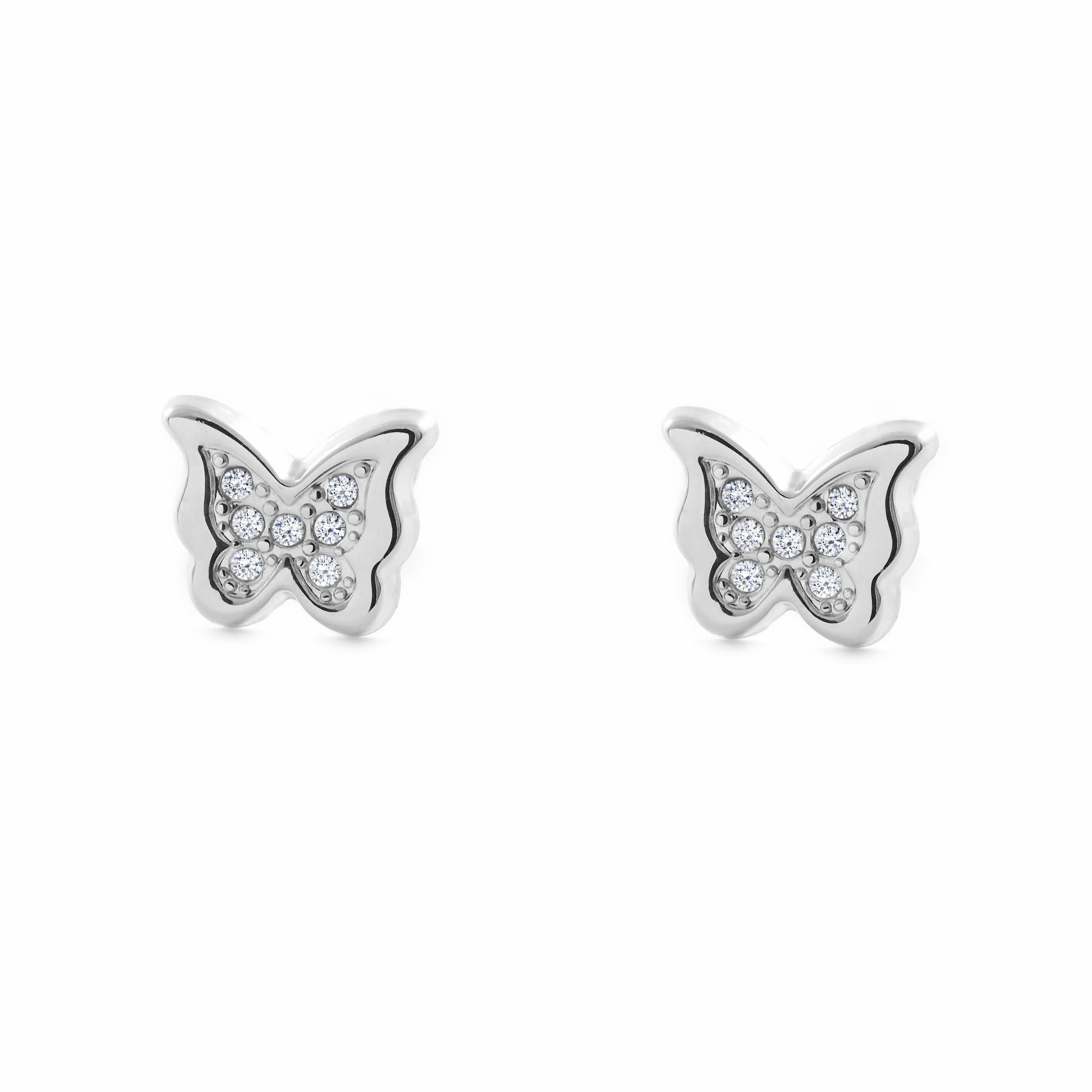 Pendientes Niña Oro Blanco 9K Mariposa Circonitas Brillo