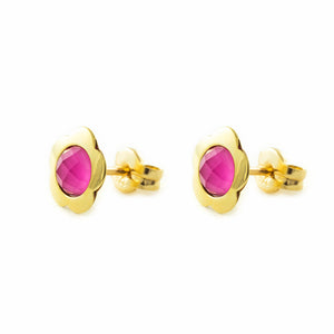 Pendientes oro amarillo niña flor con briolet rosa 