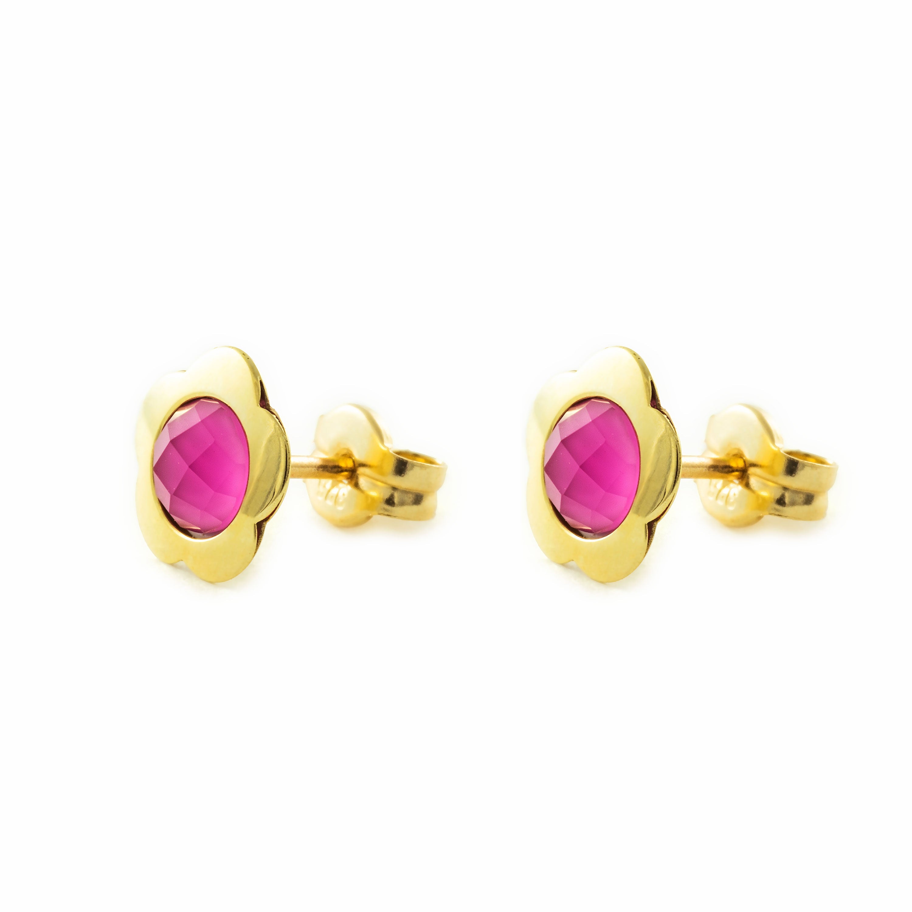 Pendientes oro amarillo niña flor con briolet rosa 