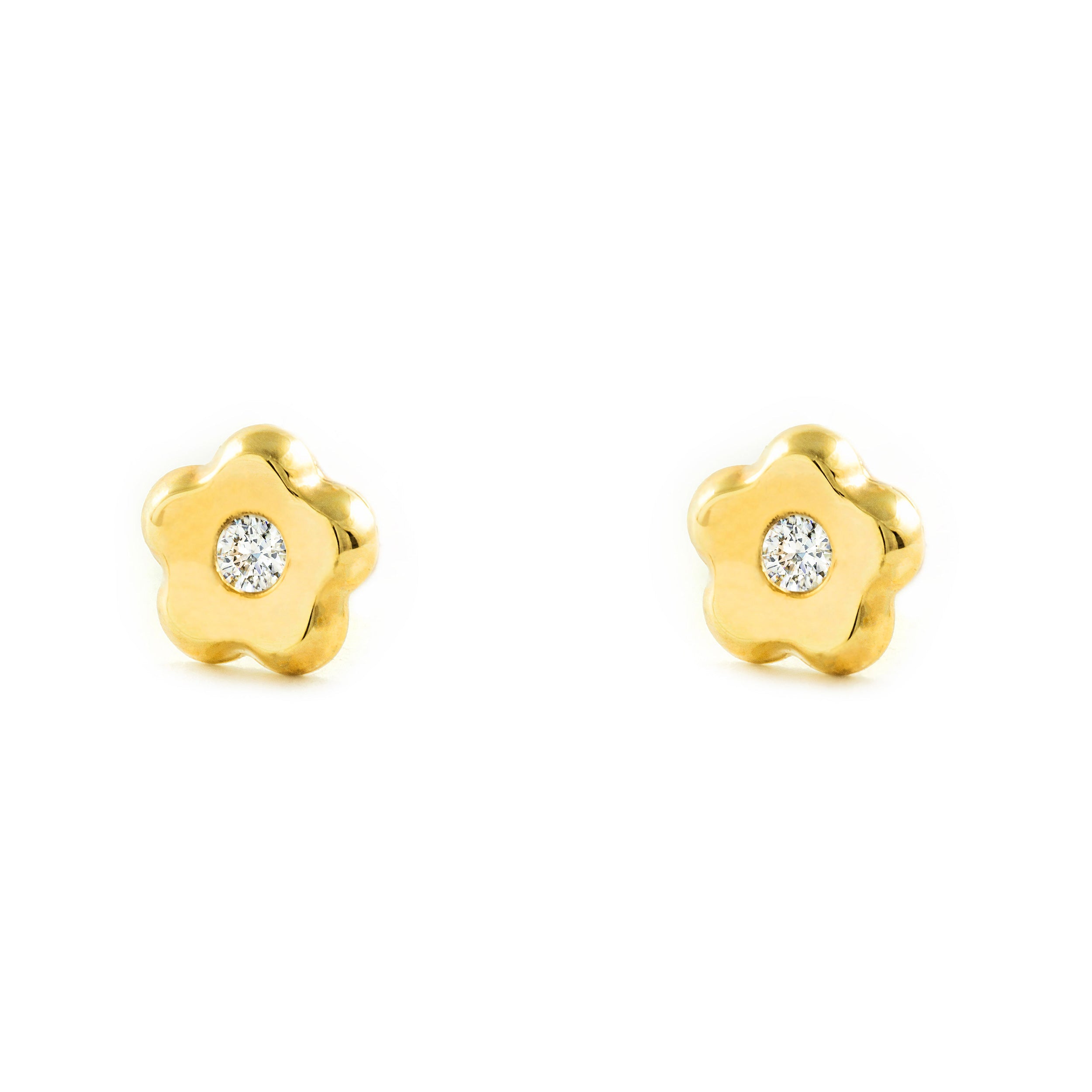 Pendientes Bebe-Niña Oro Amarillo 9K Flor Margarita Circonita Brillo