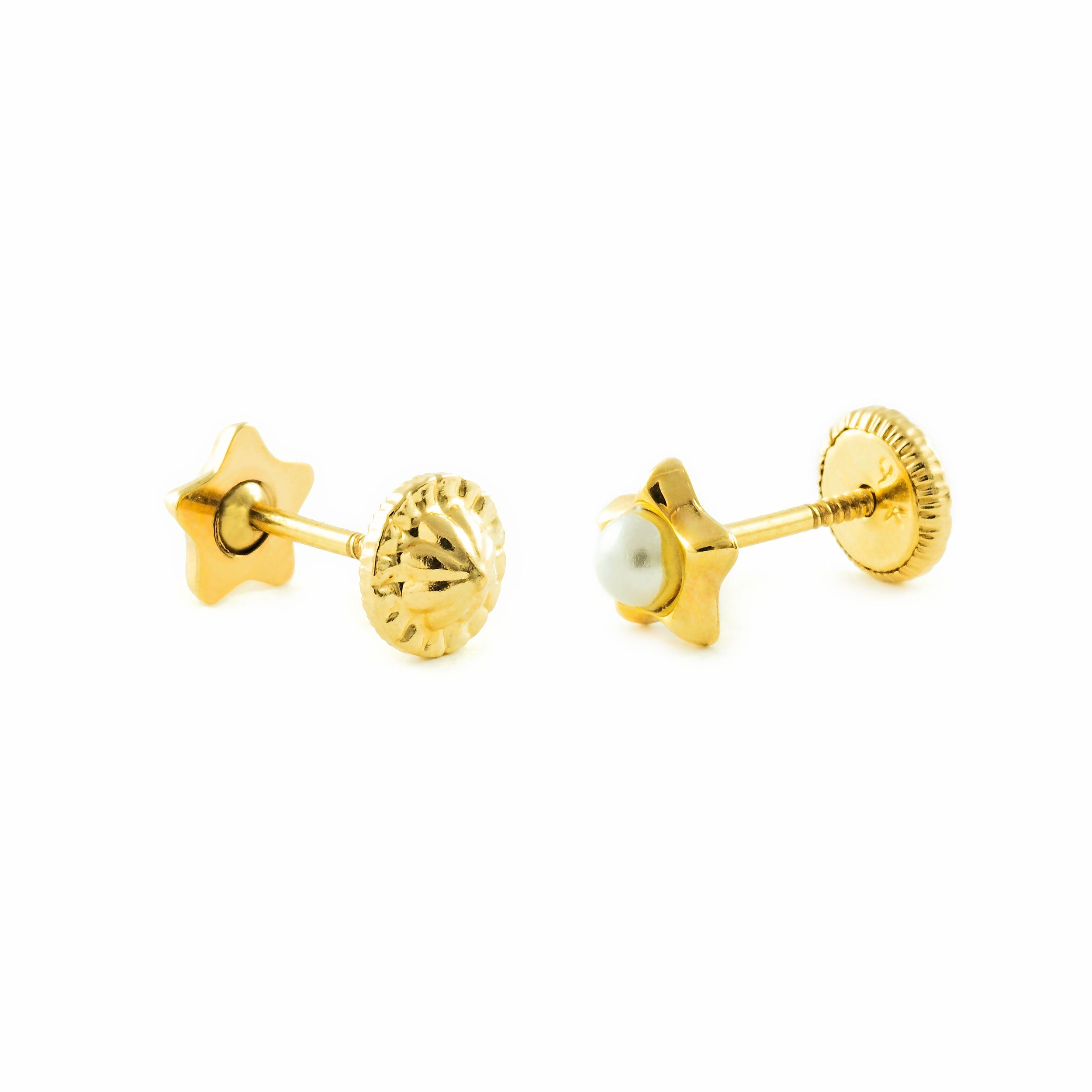 Pendientes Niña oro amarillo Estrella concava con Perla 2,5 mm (9kts)