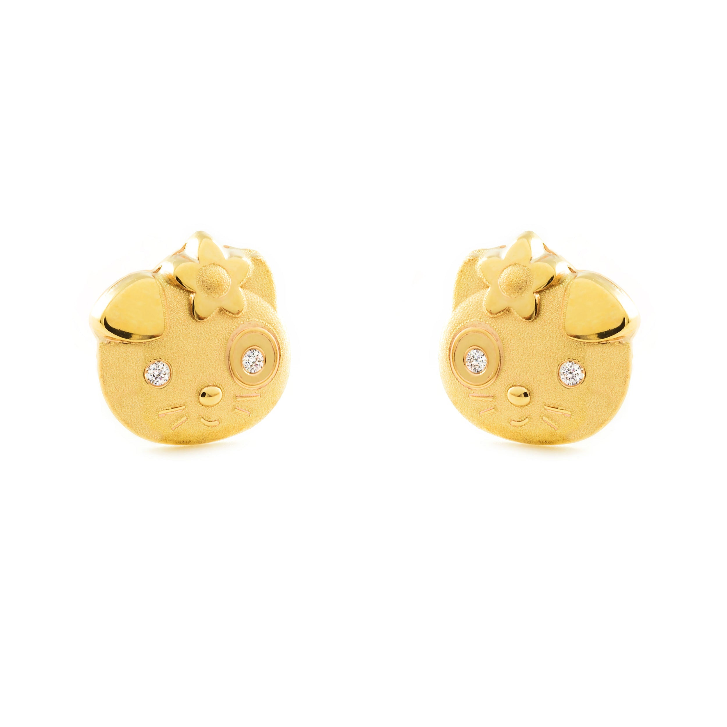 Pendientes Niña Oro Amarillo 9K Gato Circonita Mate y Brillo