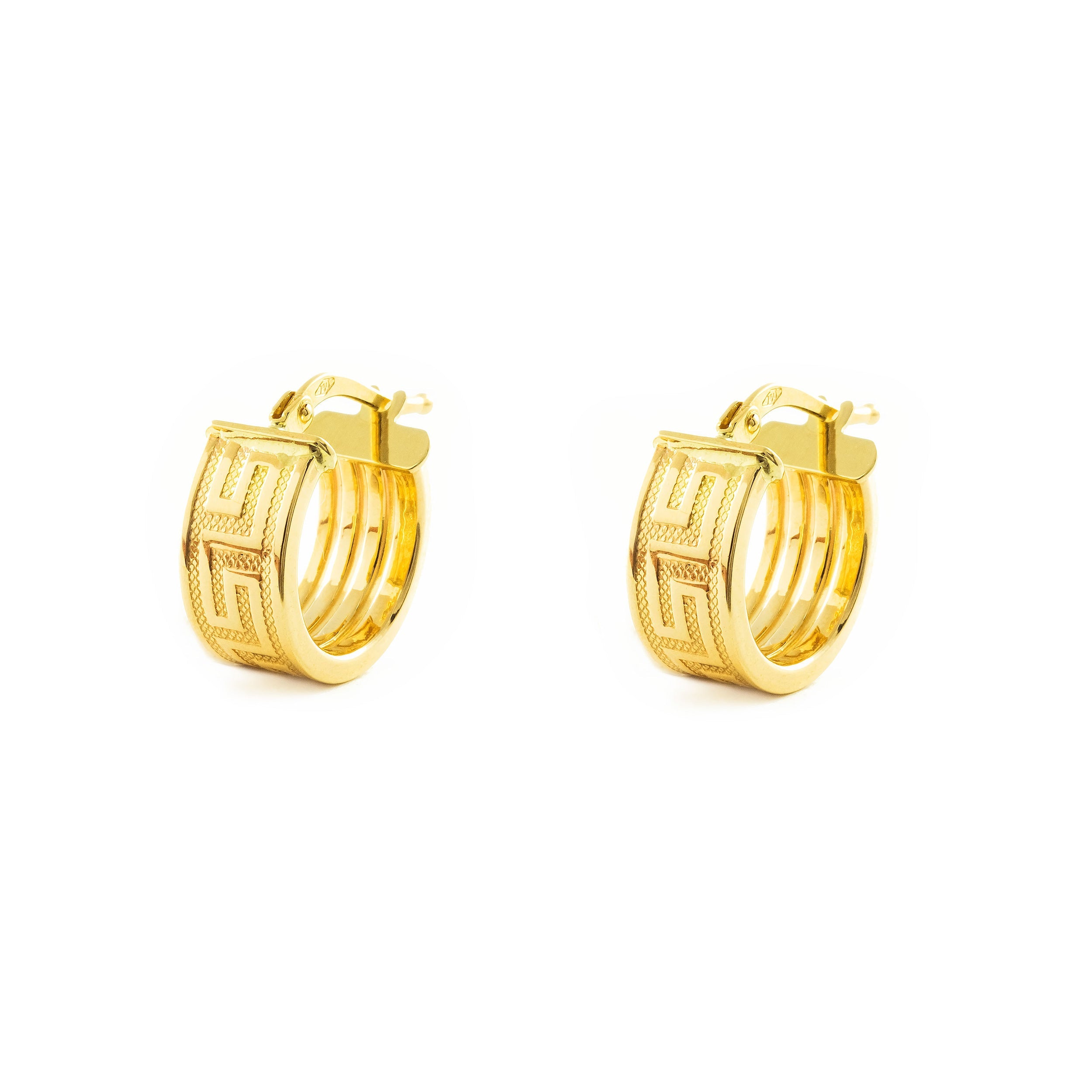 Pendientes Oro Amarillo 18K Aros Rectangular Greca 14 x 6 mm