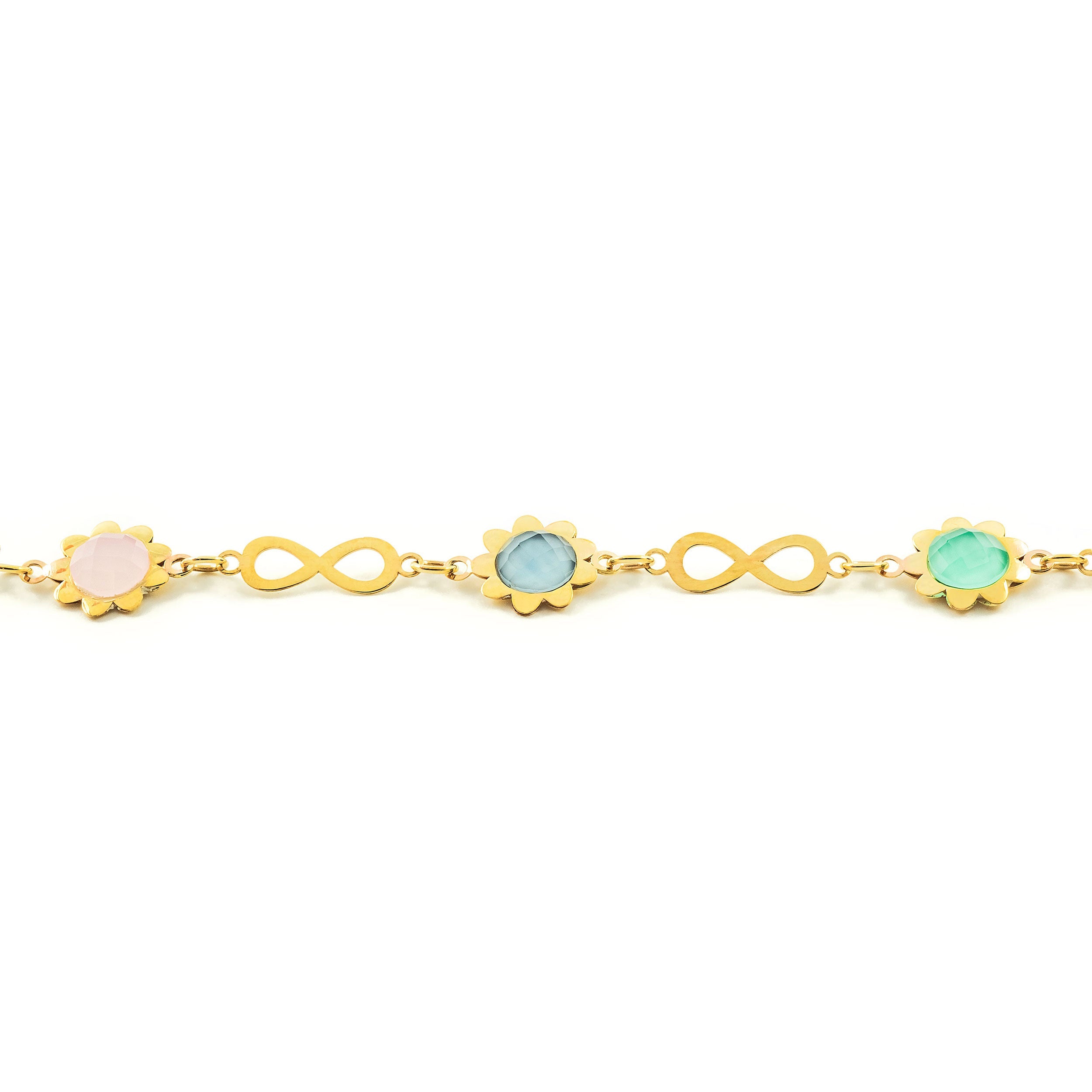 Pulsera Oro Amarillo infinitos con flores y piedras de color (9kts)