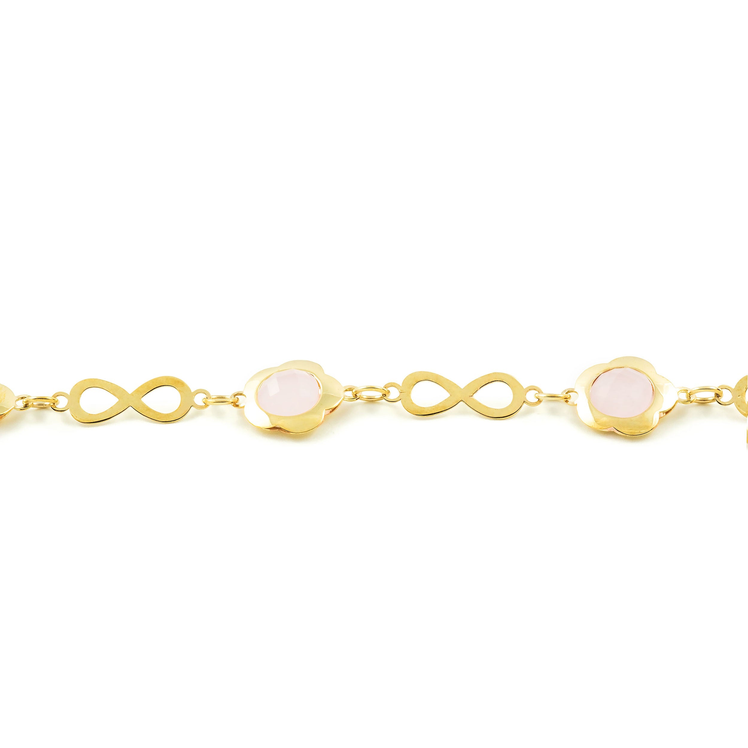 Pulsera Oro Amarillo infinitos con margaritas y cuarzos rosa (9kts)