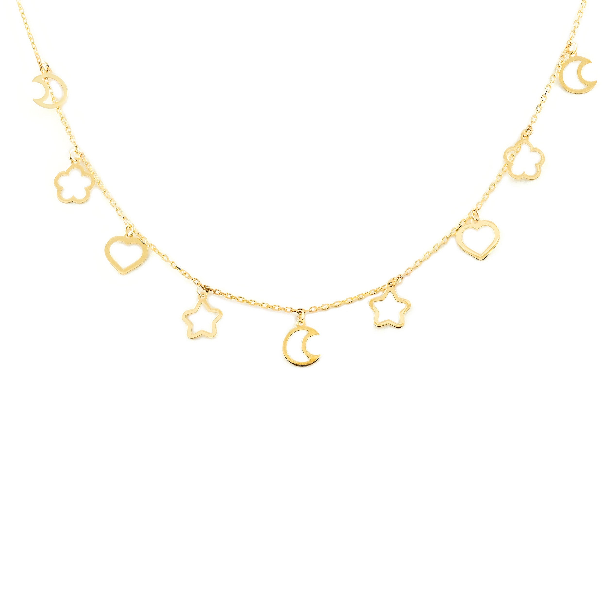 Women's Necklace 9K Yellow Gold Shiny Charms
