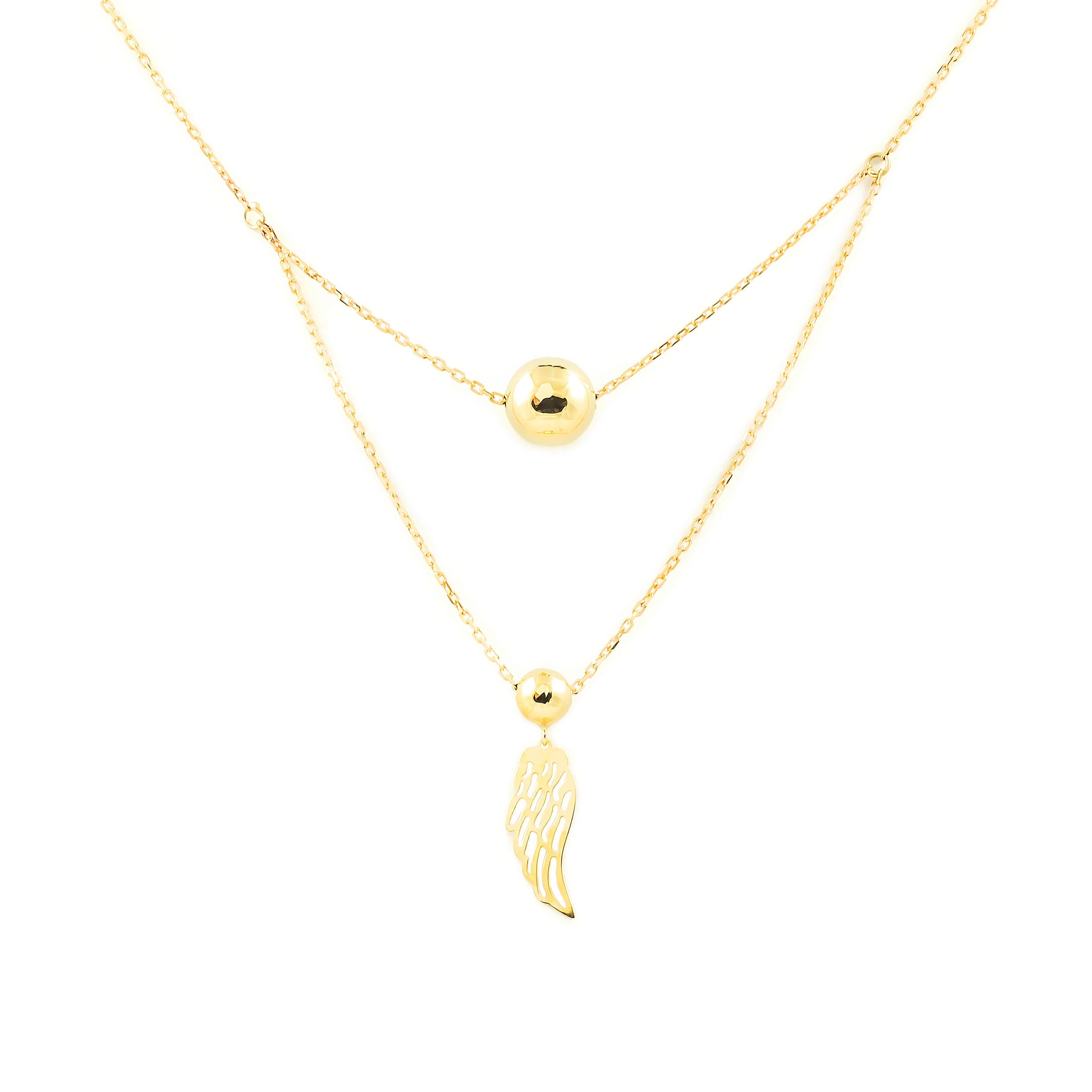 Women's Necklace 9K Yellow Gold Balls and Shiny Wing