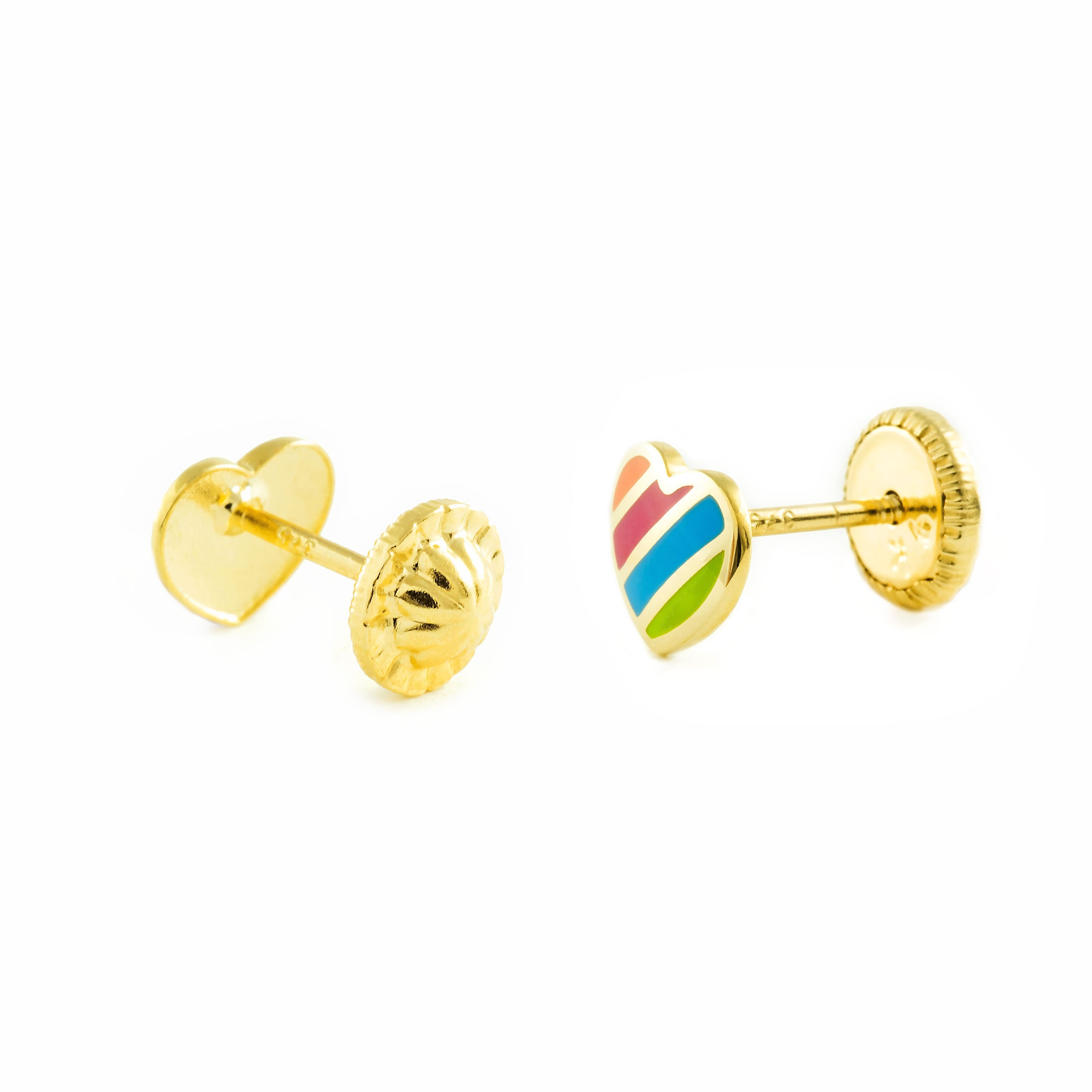 Pendientes oro niña corazon esmalte franjas (9kts)