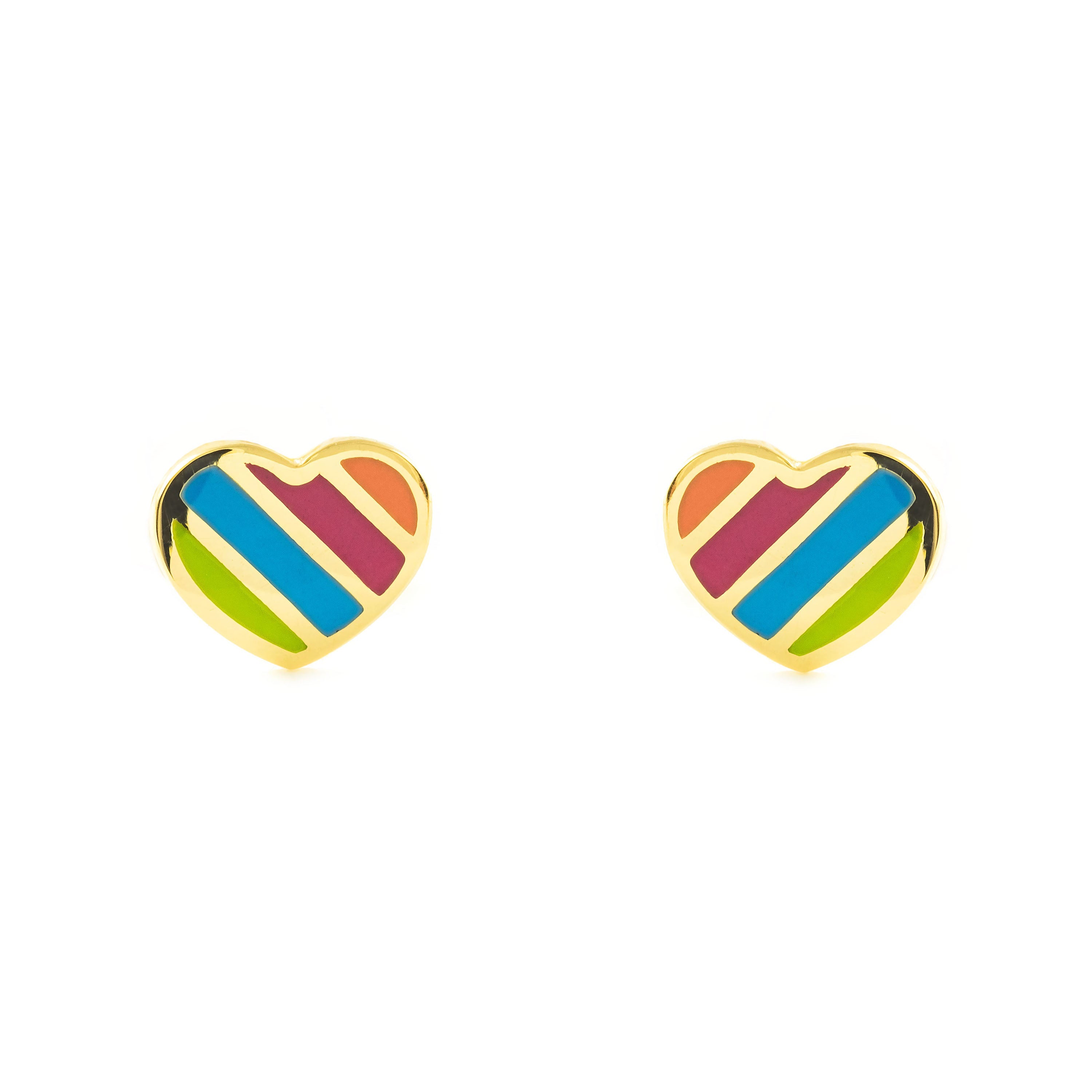 Pendientes Niña Oro Amarillo 9K Corazón Esmalte Multicolor Brillo