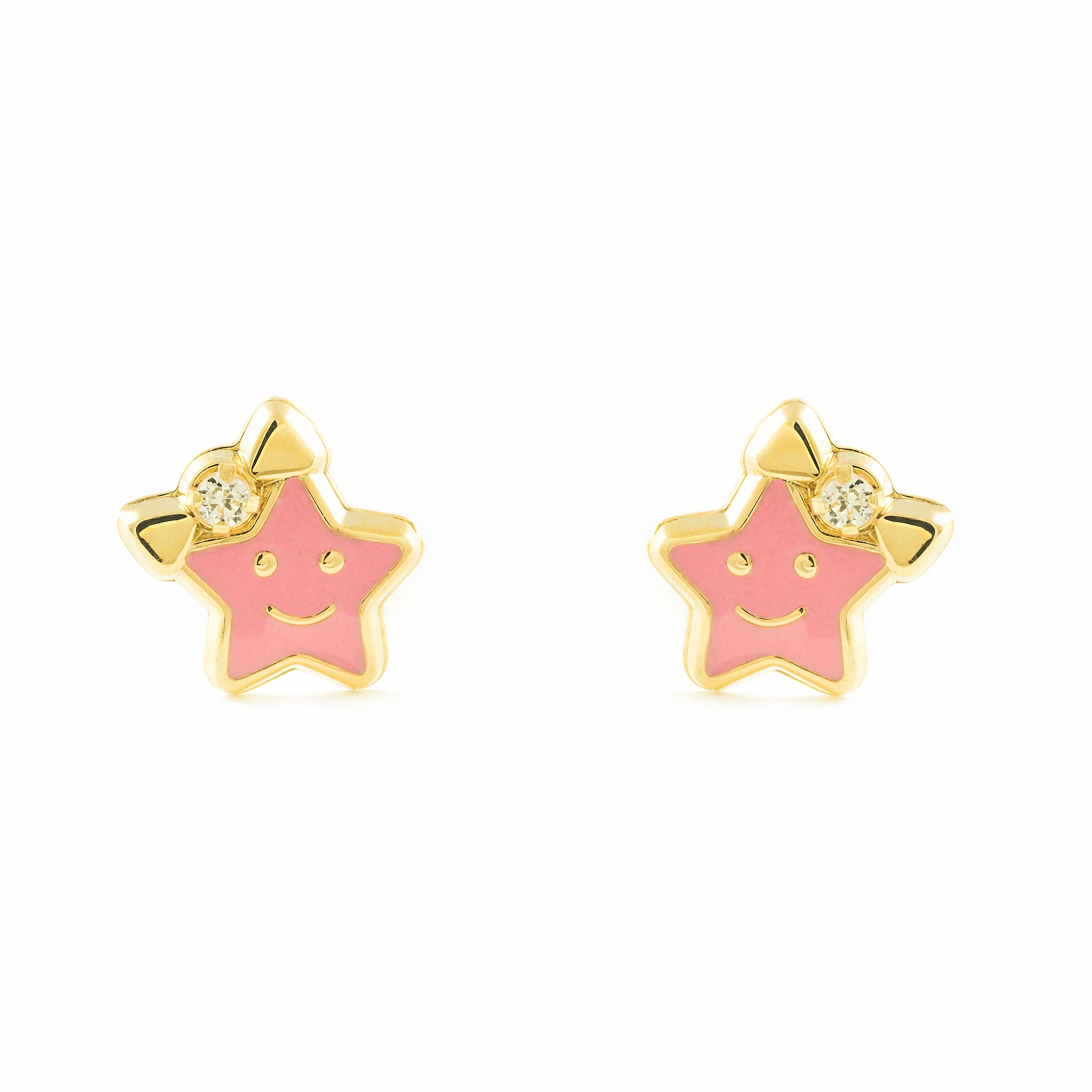 Girl's Earrings 9K Yellow Gold Shiny Pink Enamel Star