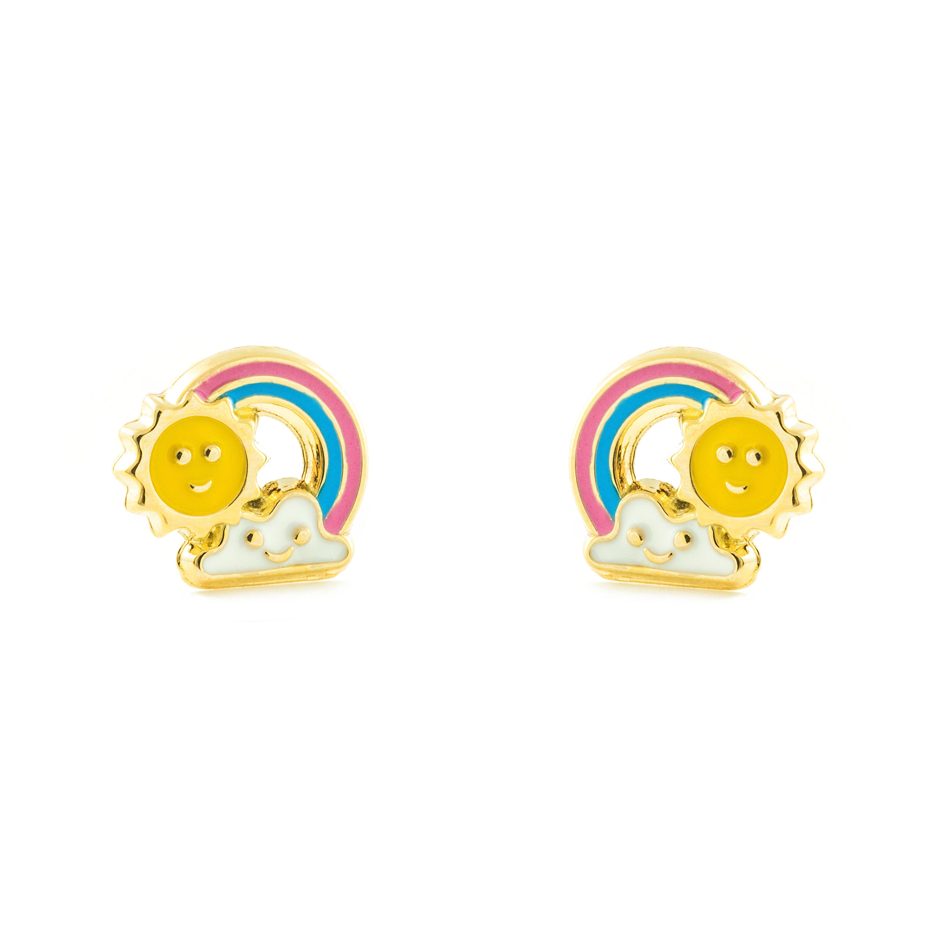 Girl's Earrings 9K Yellow Gold Rainbow Multicolor Shiny Enamel