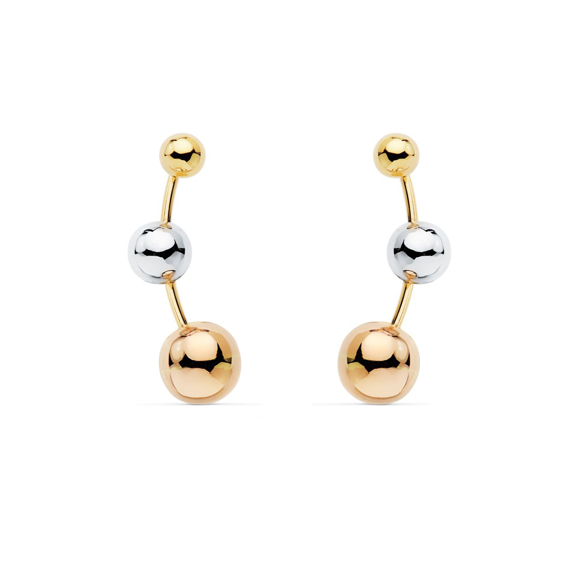 Pendientes Mujer Oro Tricolor 18K Trepador Bolas Brillo