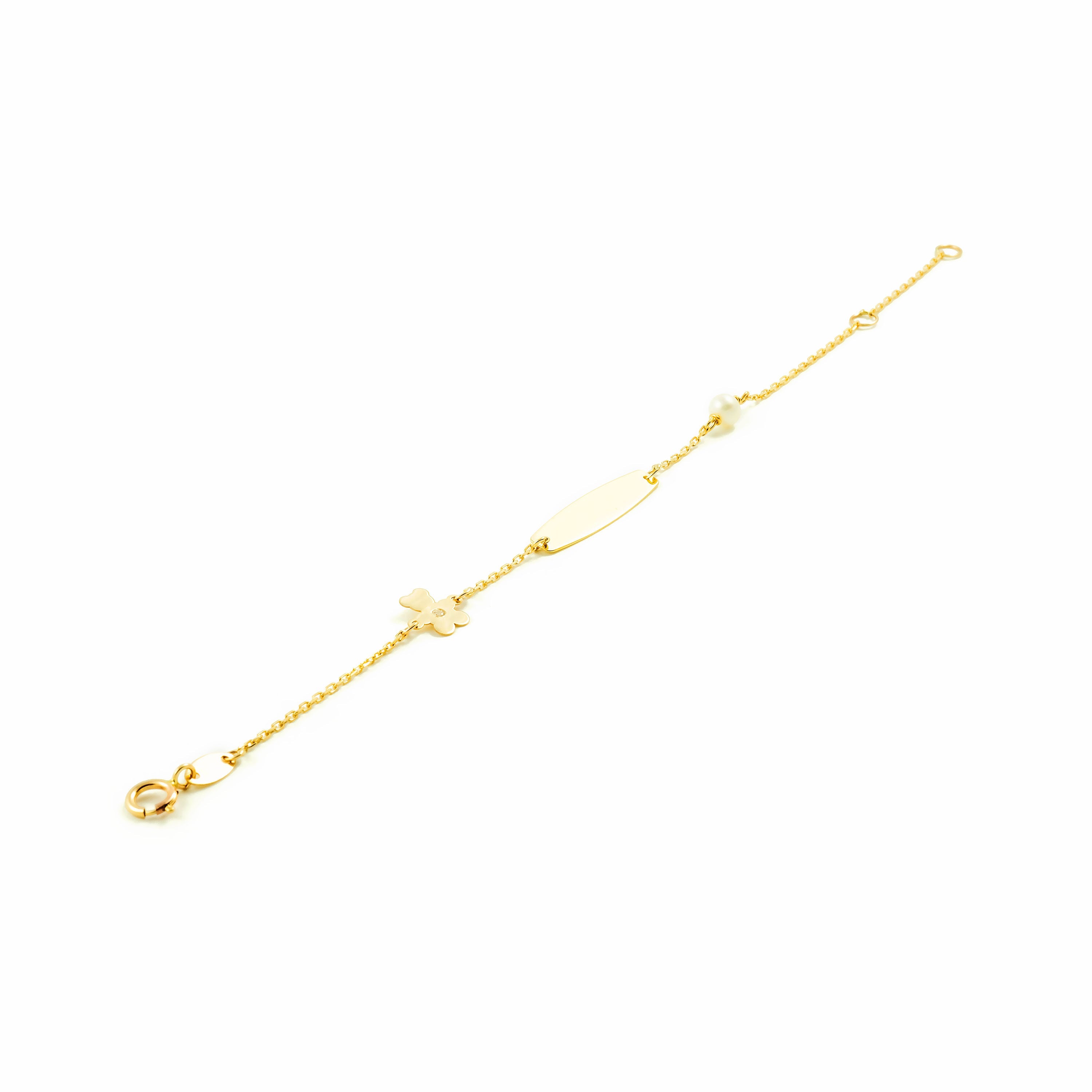 Pulsera Esclava Oro niña con oso y perla 4 mm (9kts)