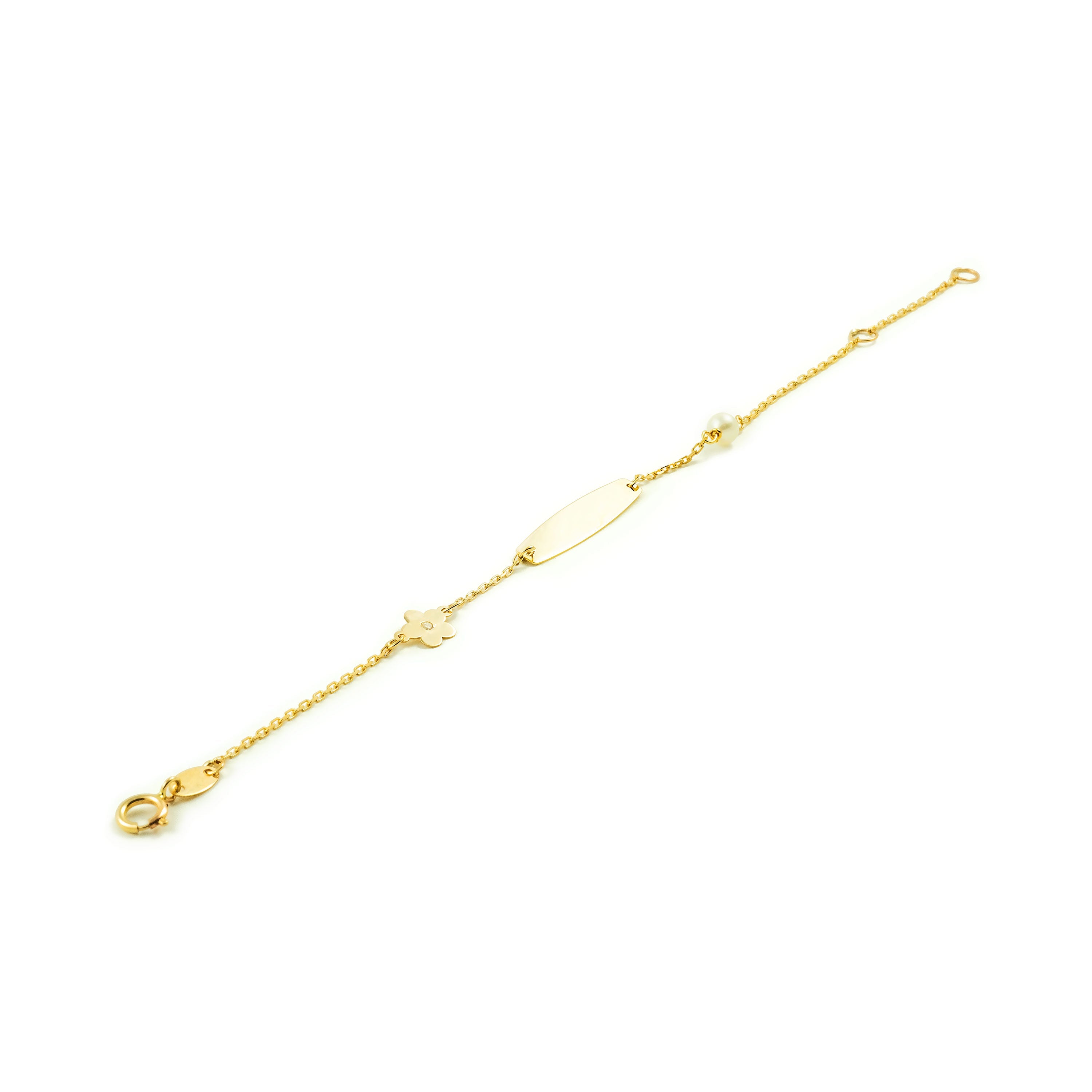 Pulsera Esclava Oro niña con flor y perla 4 mm (9kts)