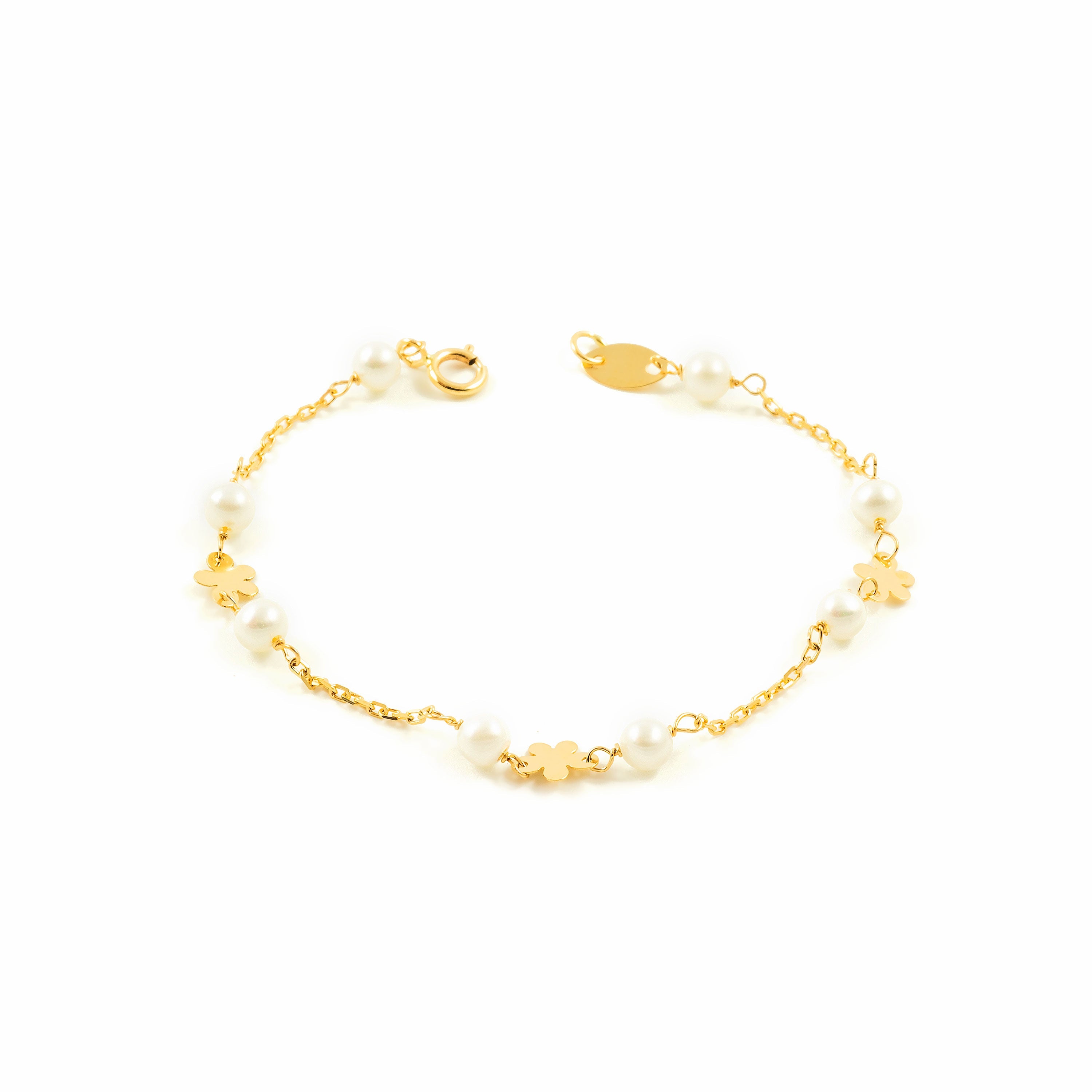 Girl's Bracelet 18K Yellow Gold Round Pearl 3.5 mm Shiny Flower 13 cm