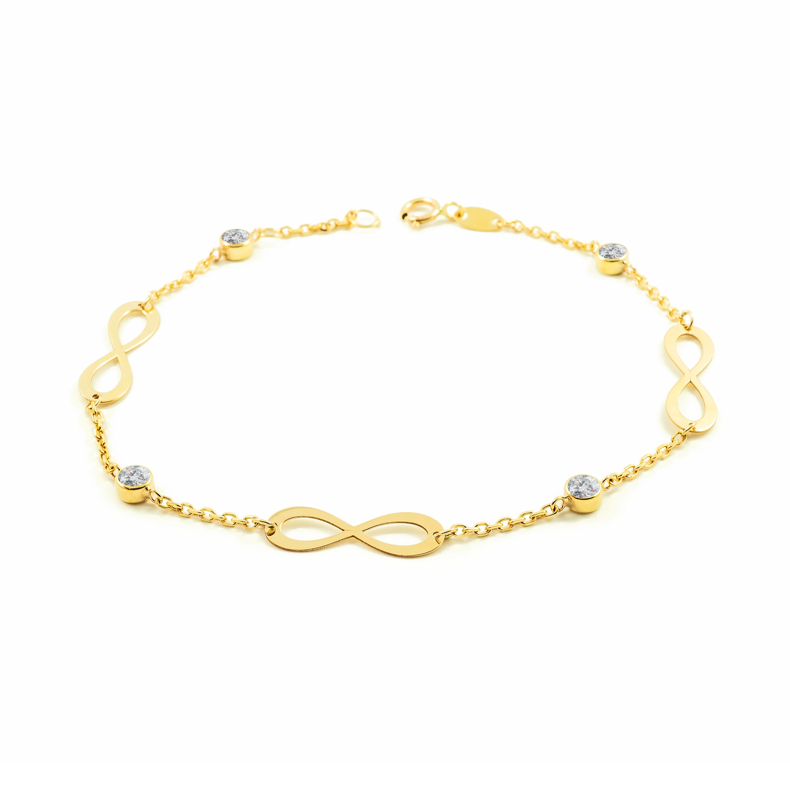 Woman-Girl 9K Yellow Gold Infinity Shiny Zirconia Bracelet 19 cm