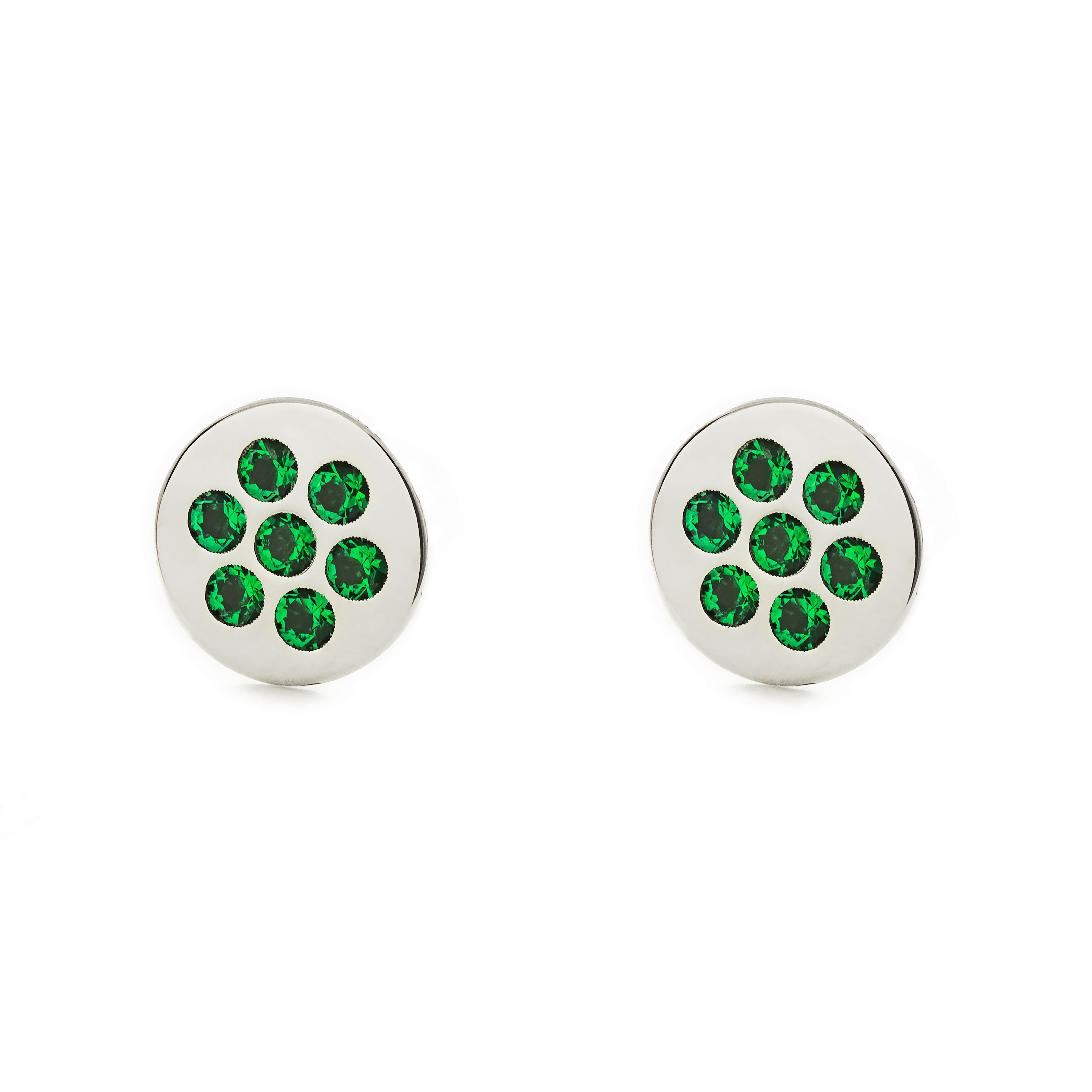 Girl's Earrings 9K White Gold Round Precious Synthetic Emeralds Shine