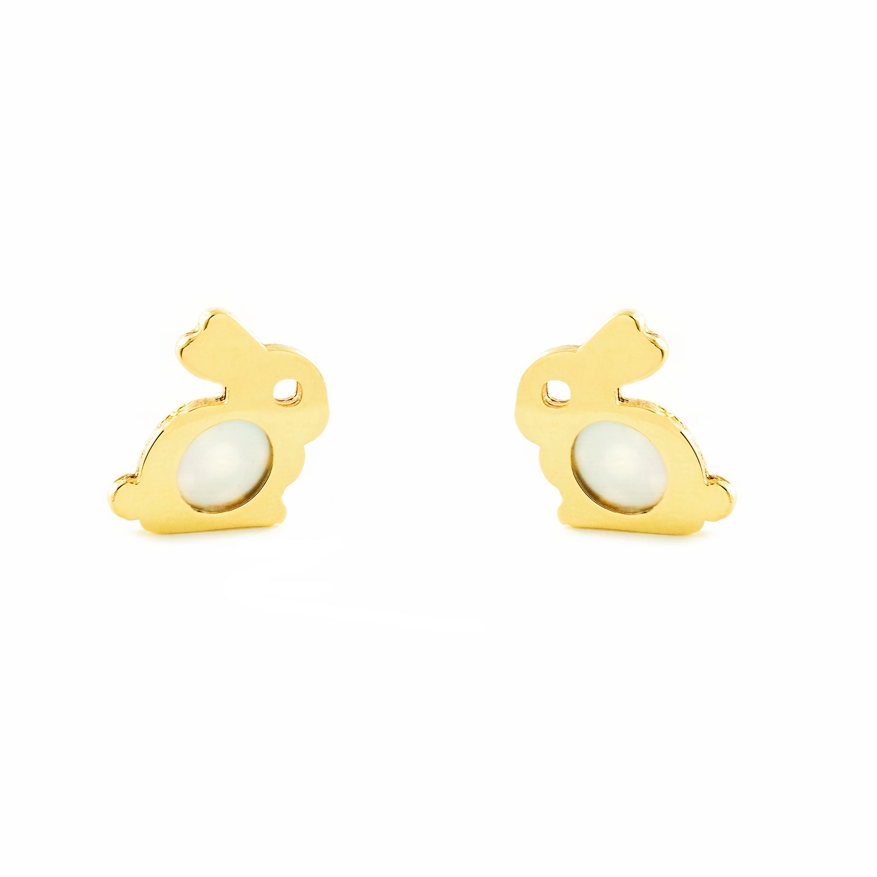 Baby-Girl Earrings 9K Yellow Gold Mother of Pearl Glitter Rabbit