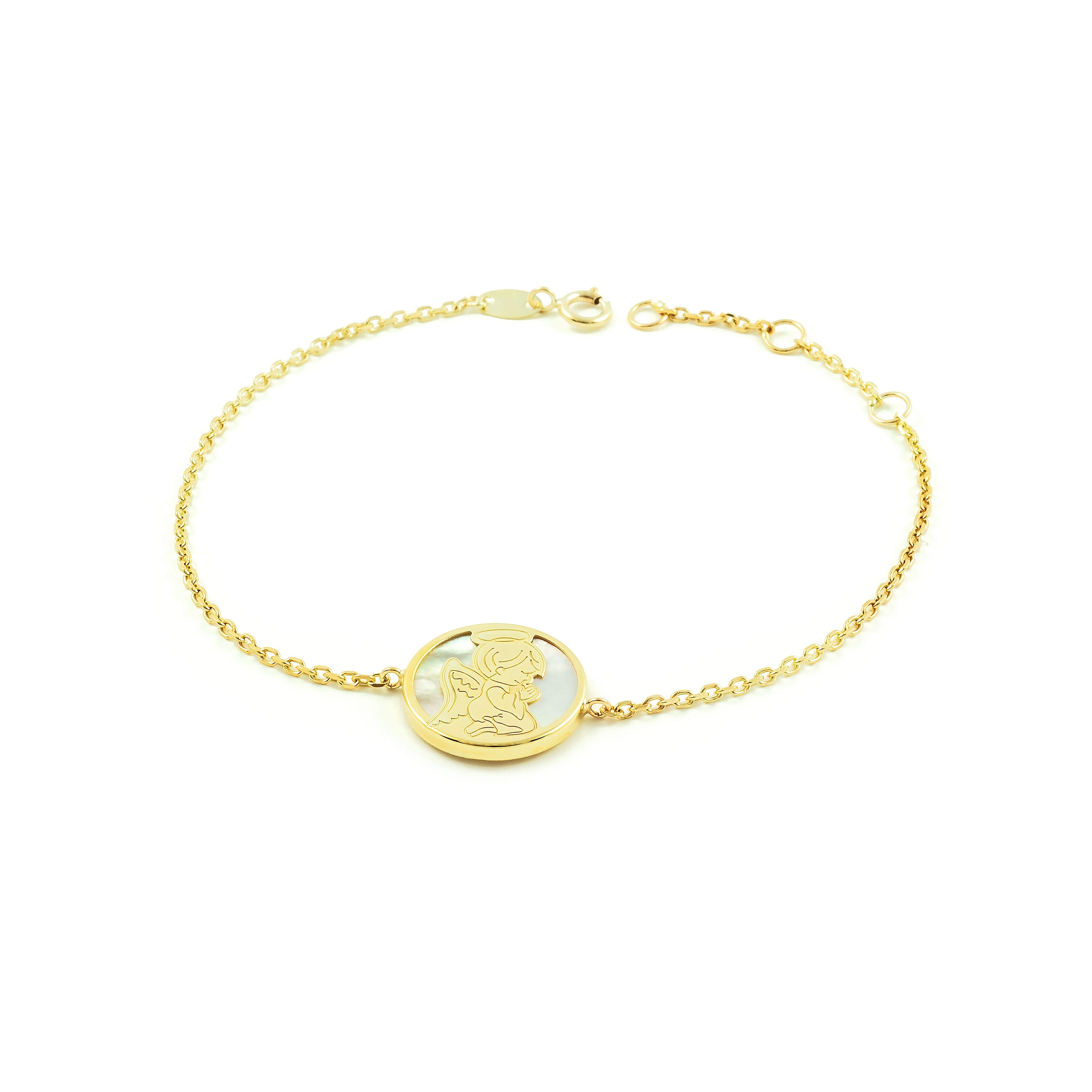 Pulsera Niña Oro Amarillo 9K Personalizada Angel Nacar Brillo 18 cm