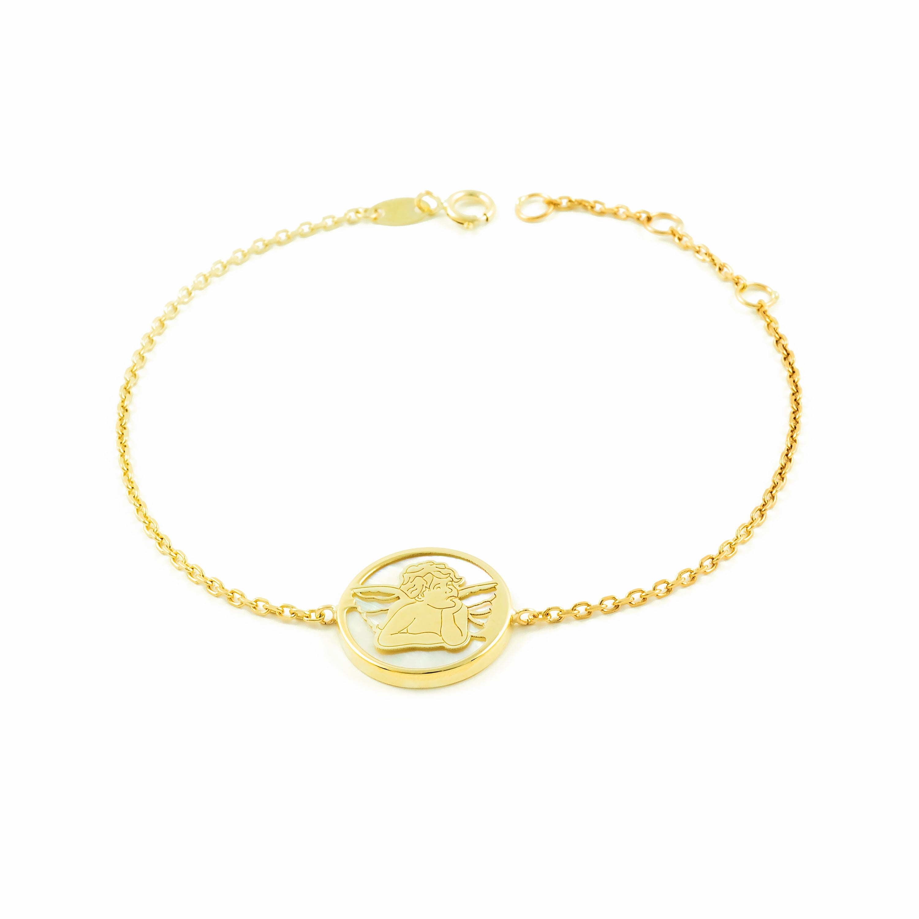 Pulsera Niña Oro Amarillo 9K Personalizada Angel Nacar Brillo 18 cm